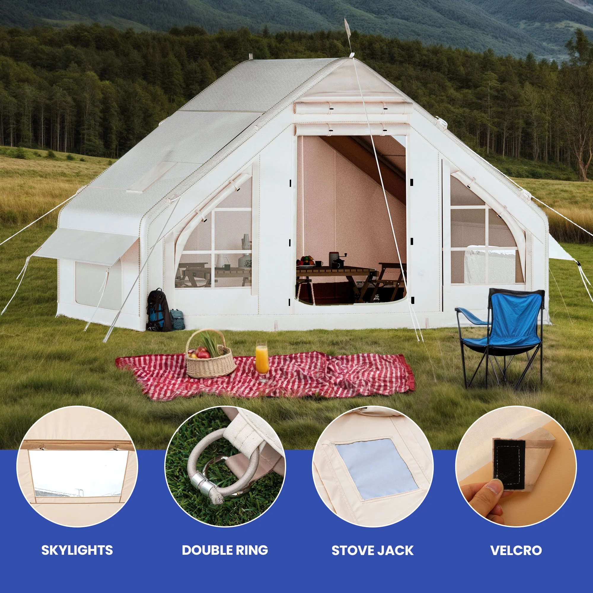 6-Person Portable Inflatable Camping and Glamping Tent �C Waterproof with Air Hose Pump in Beige - Image 6