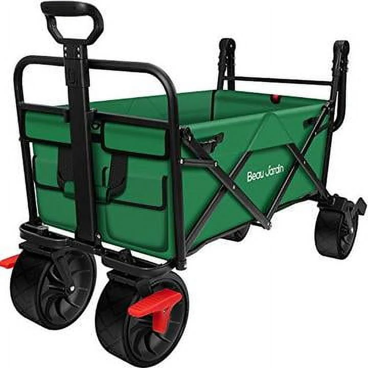 BEAU JARDIN Folding Wagon Cart with Brake Free Standing Collapsible Utility Camping Grocery Canvas Fabric Sturdy Portable Rolling Buggies Outdoor Garden Sport Heavyduty Shopping Cart Push Wagon Green