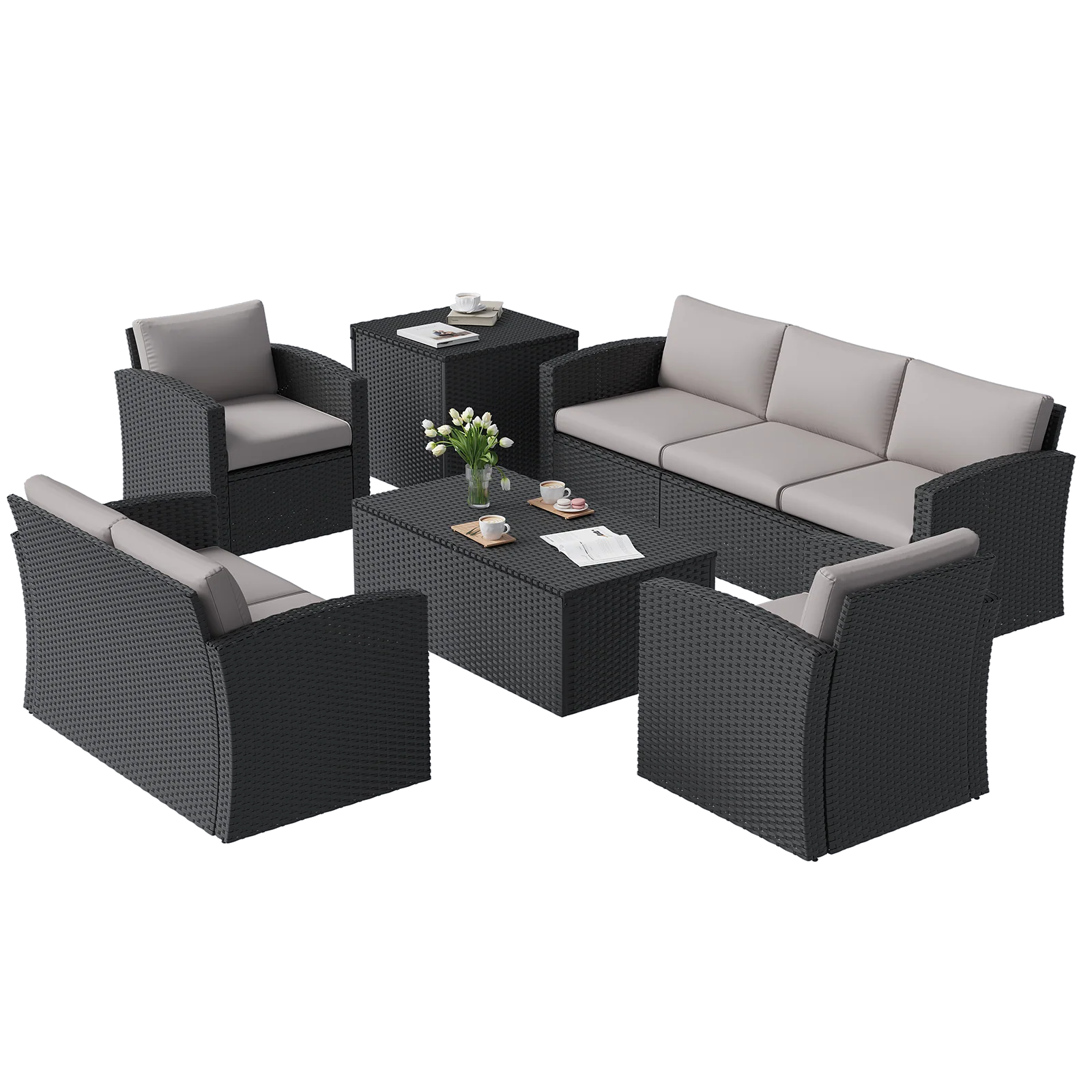 AECOJOY 7 PCS Outdoor Patio Furniture Sets with 2 Storage Boxes, Black & Grey