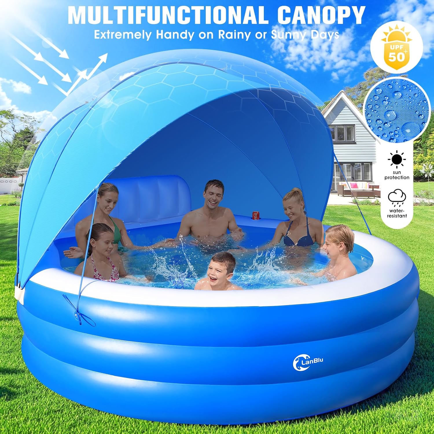 Piscine gonflable améliorée 2025 avec auvent, piscine familiale gonflable, piscine ronde gonflable pour adultes avec banc et dossier, piscine facile à installer dans le jardin pour enfants et adultes, 234 x 234 x 66 cm, bleue