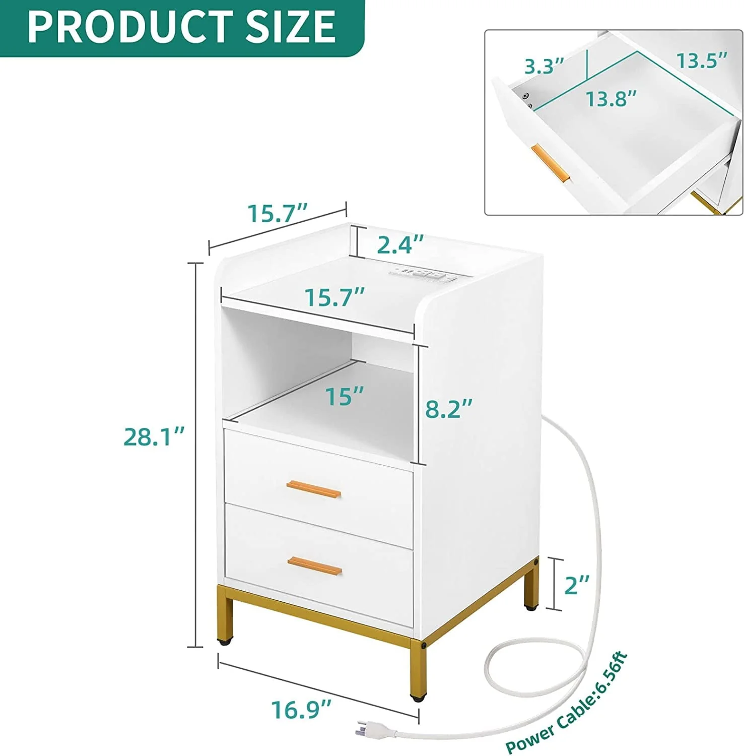 DEXTRUS Side Table with Charging Station, 3 Drawer LED Light Bedside End Table Nightstand for Bedroom Living Room Small Space, White(Black) Image 8