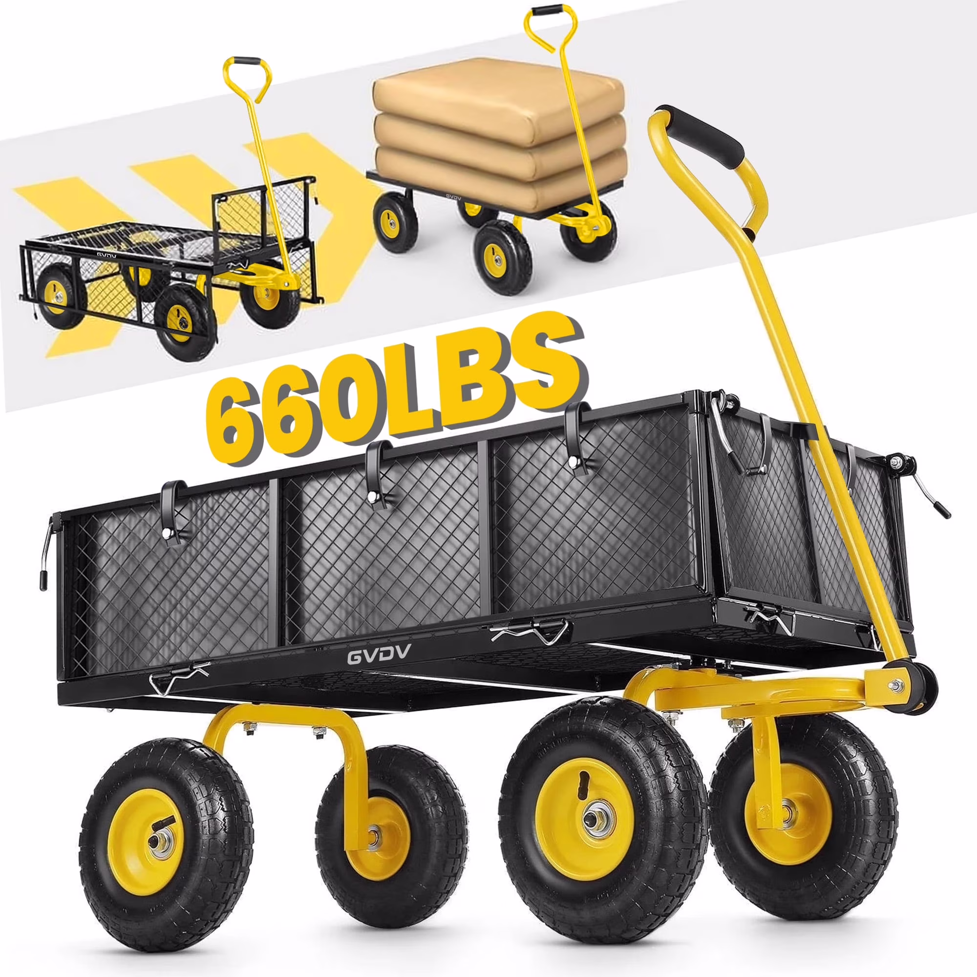 GVDV Heavy Duty Steel Garden Cart with Liner, 660lbs Capacity, 3 Cu ft, 10 All-Terrain Wheels, Black/Yellow �C Durable Utility Cart for Yard Work, Hauling, and Outdoor Use