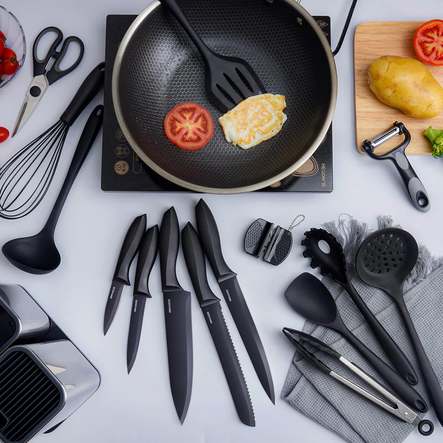 RAXCO Kitchen Utensils Set, 18-Piece Cooking Utensils and Knife Set, Black