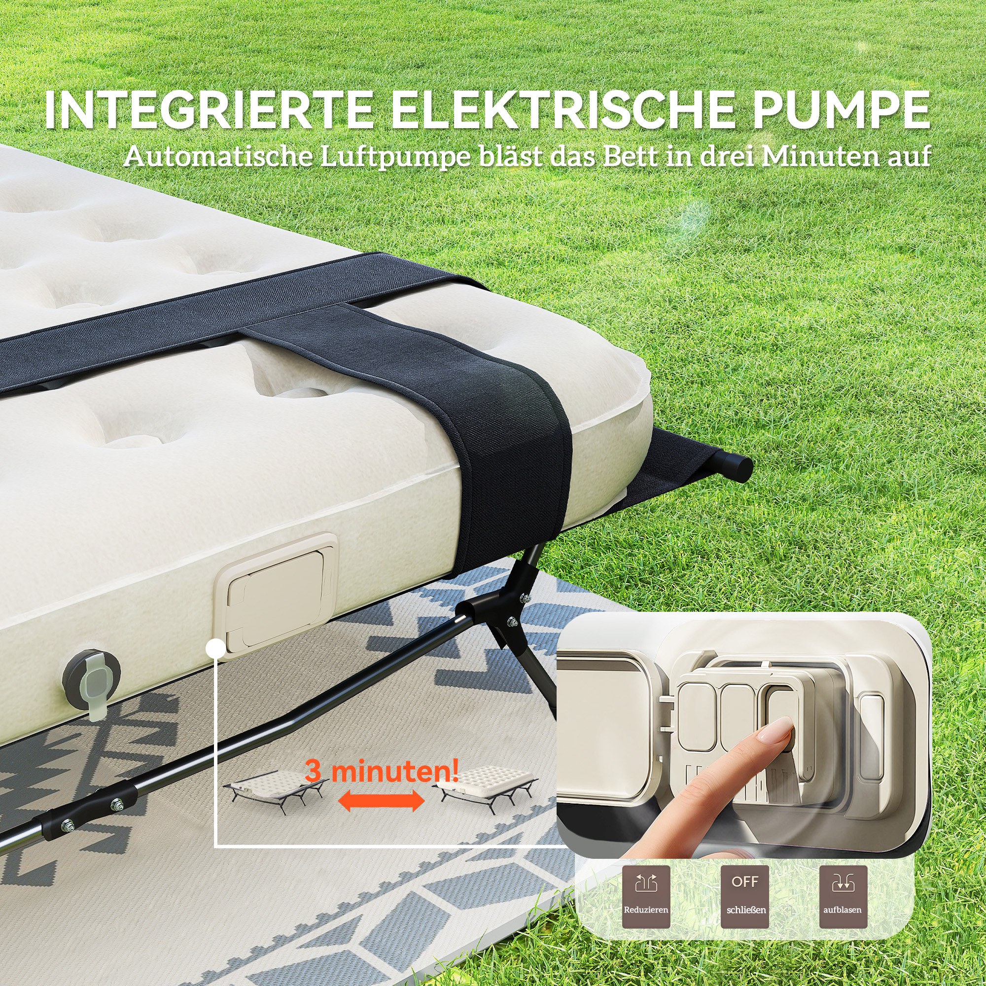Outsunny Veldbed Kampeerbed met Luchtmatras en Pomp 200 x 153 cm Draagvermogen tot 200 kg Zwart+Khaki