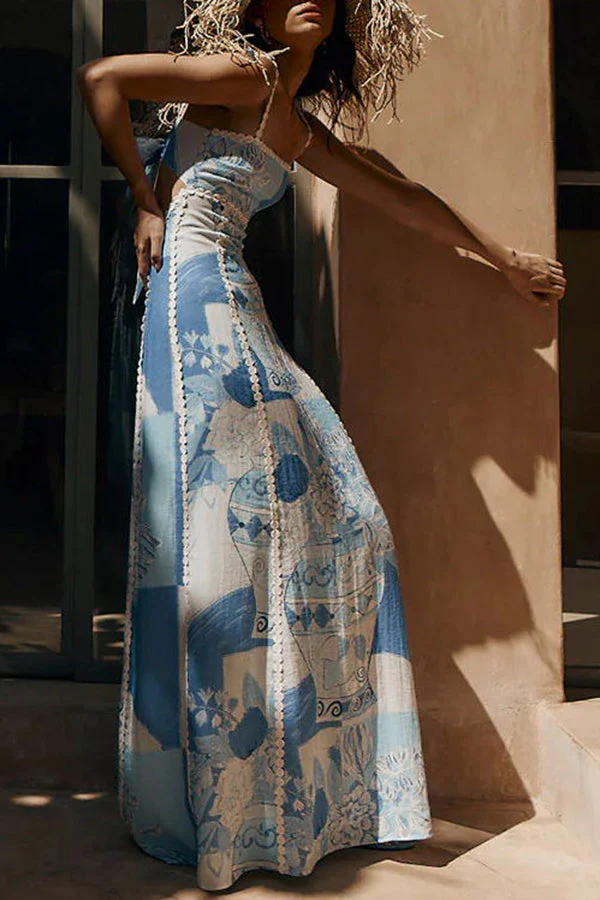 Sophie Paris | Robe Maxi à Nouer au Dos avec Galon Ric Rac et Imprimé Unique