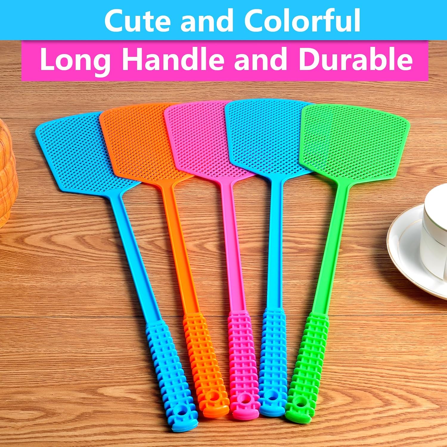 Fly Swatter, 5 Pack Plastic Heavy Duty Manual Fly Killer, Long Handle Flyswatter, Large Bug Swatters that Work for Indoor and Outdoor