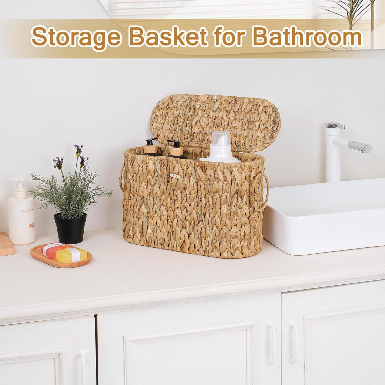 efluky Toilet Paper Storage Basket, Water Hyacinth Slim Toilet Paper Holder with Lid- Holds Up to 9 Mega Rolls, Home Bathroom Decor Organizer
