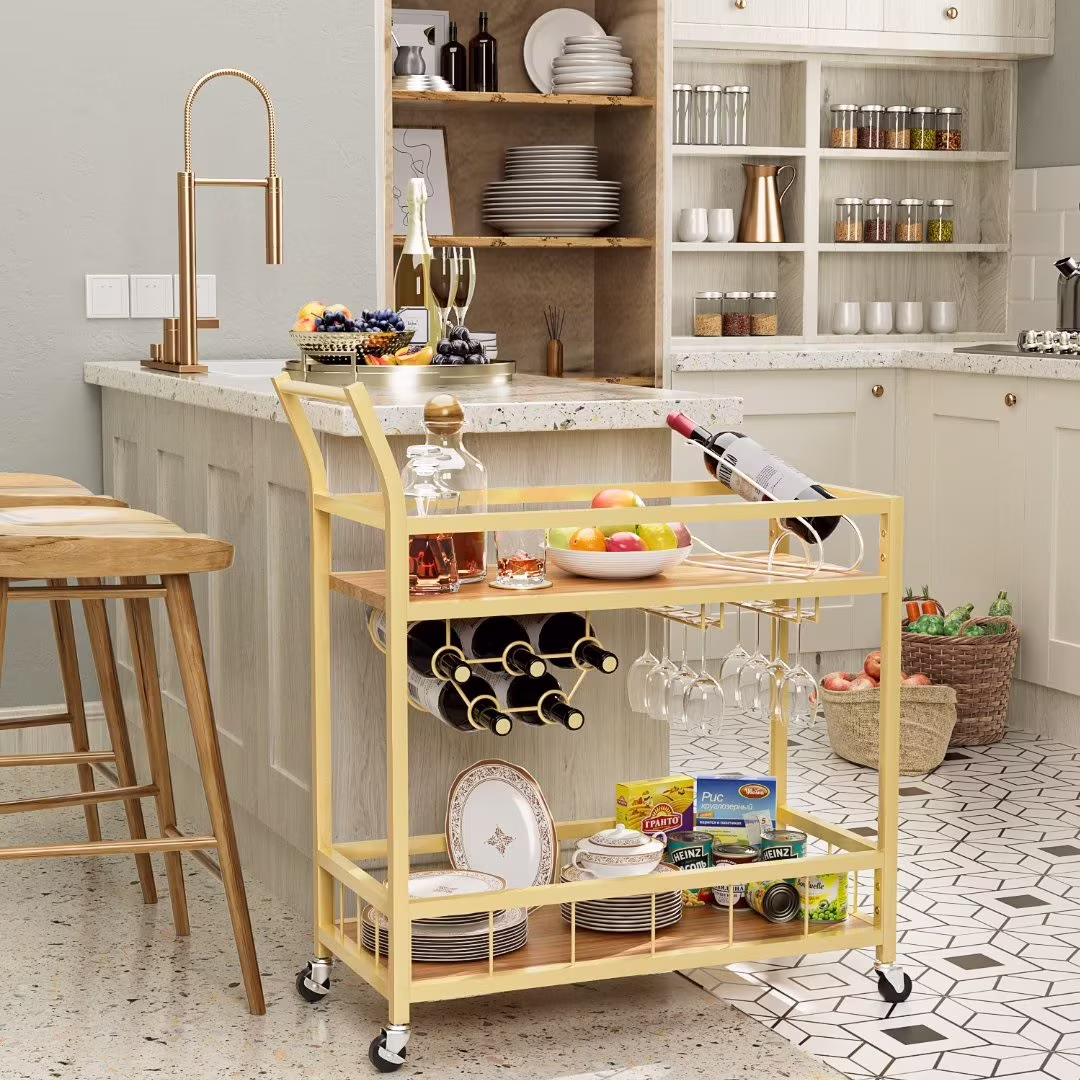 Bar Cart Home Industrial Mobile Bar Cart Serving Wine Cart on Wheels with Wine Rack and Glass Holder 2 Wood Storage Shelves for Living Room, Kitchen, Party (Gold)(Gold)