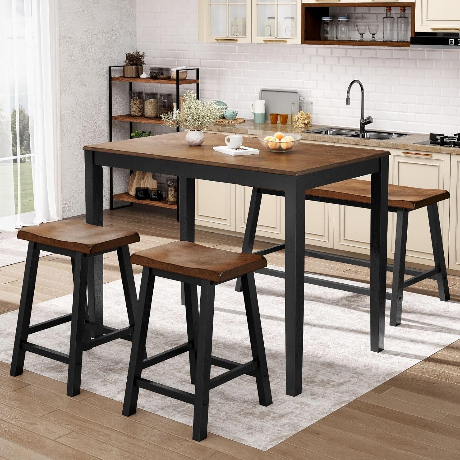 Sophia & William Dining Table Set for 4, Counter Height Table and Chairs Set of 4, Wood Kitchen Table Set with Bench and Chairs, Rectangular Breakfast Dining Set Space Saving, Walnut & Black