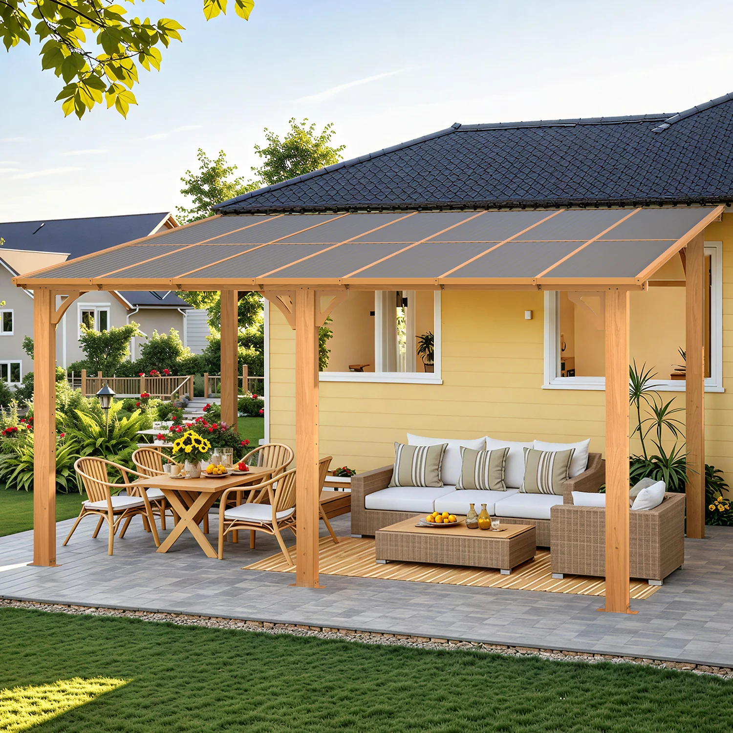 AECOJOY 14'x10' Wall Mounted Gazebos Pergola, Wood Grain