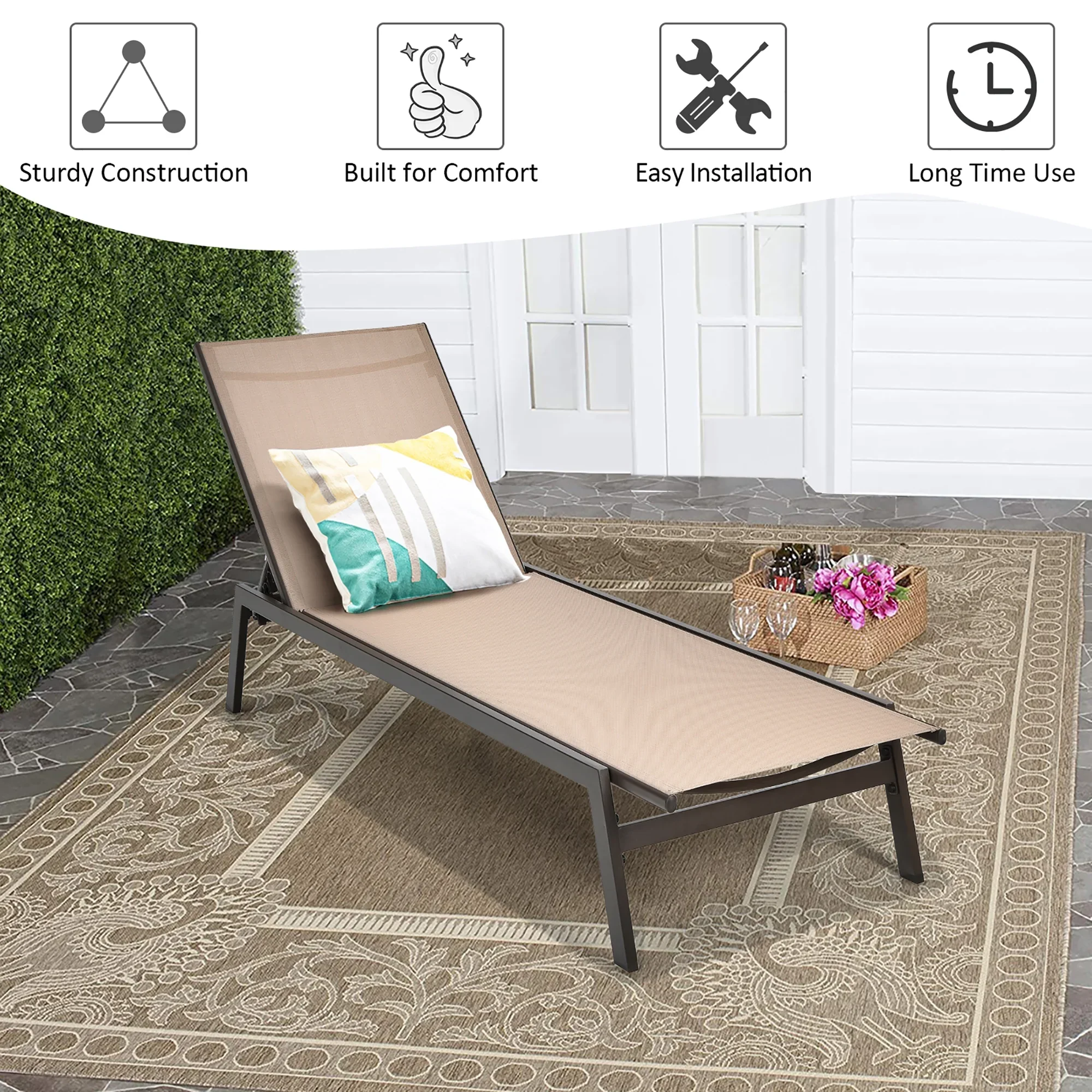 Costway  Patio Lounge Chair Chaise Recliner Back Adjustable Garden Deck Brown