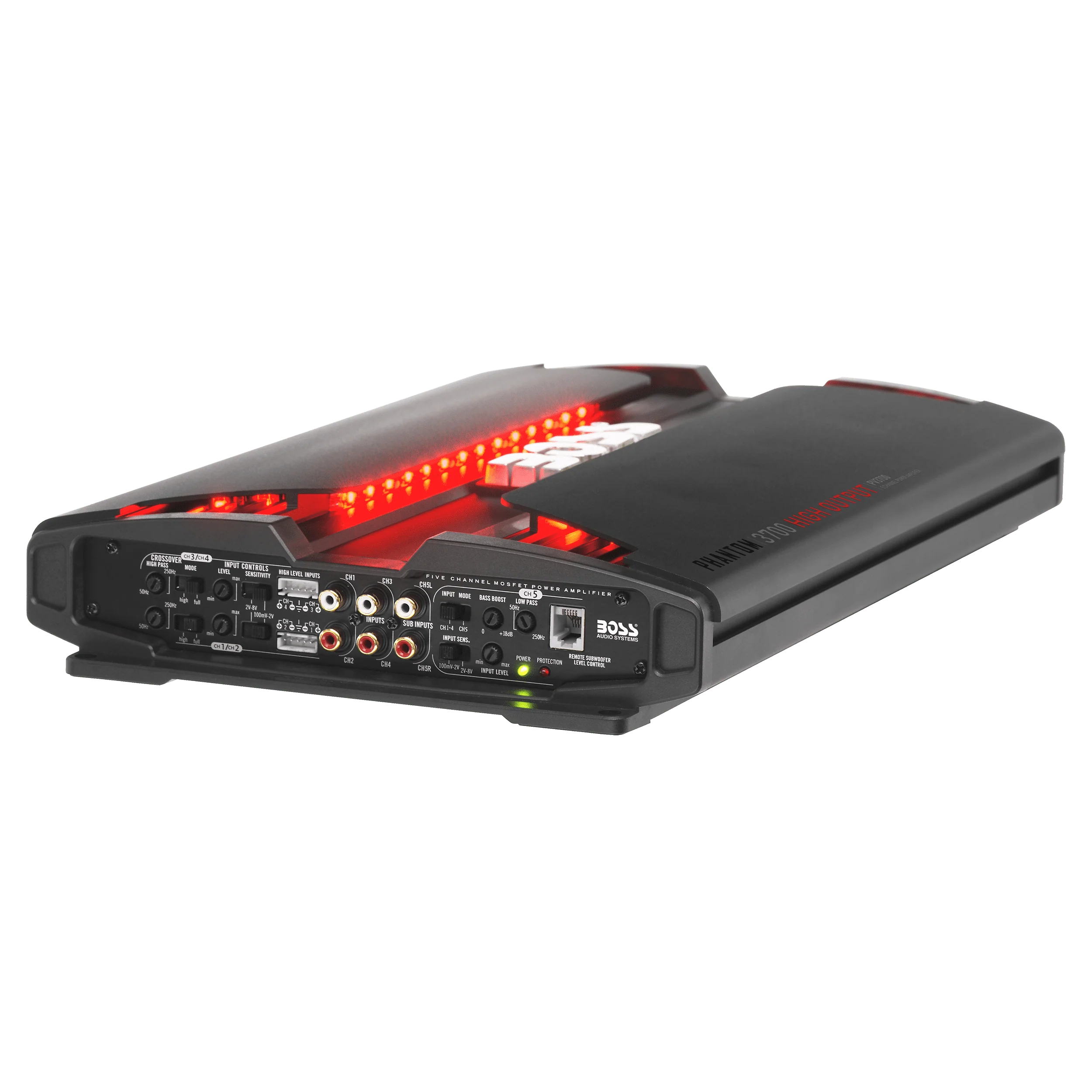 BOSS Audio Systems PV3700 5 Phantom Series Car Audio Amplifier - 3700 High Output, 5 Channel, 2/4 Ohm Stable, Low/High Level Inputs, High/Low Pass Crossover, Full Range, Bridgeable, Subwoofer