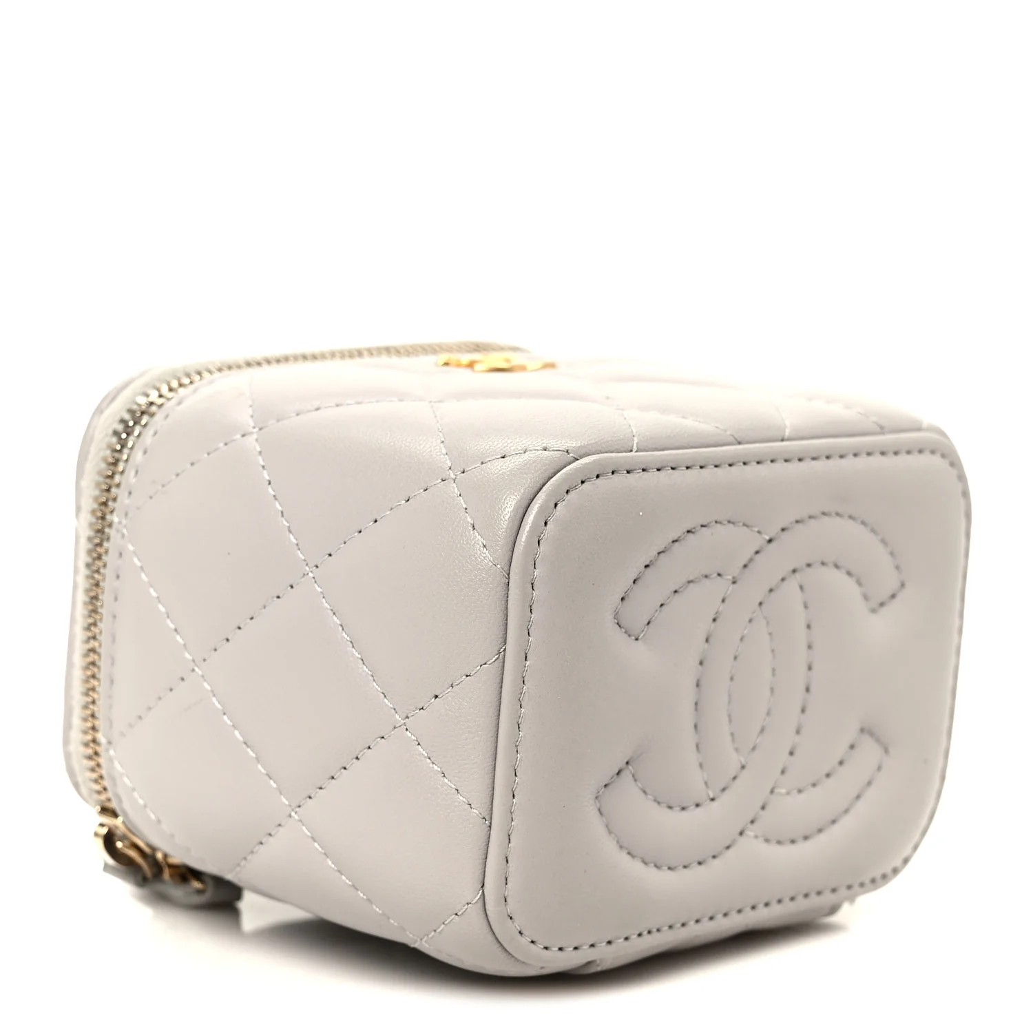 Lambskin Quilted Pearl Crush Mini Vanity Case With Chain Grey