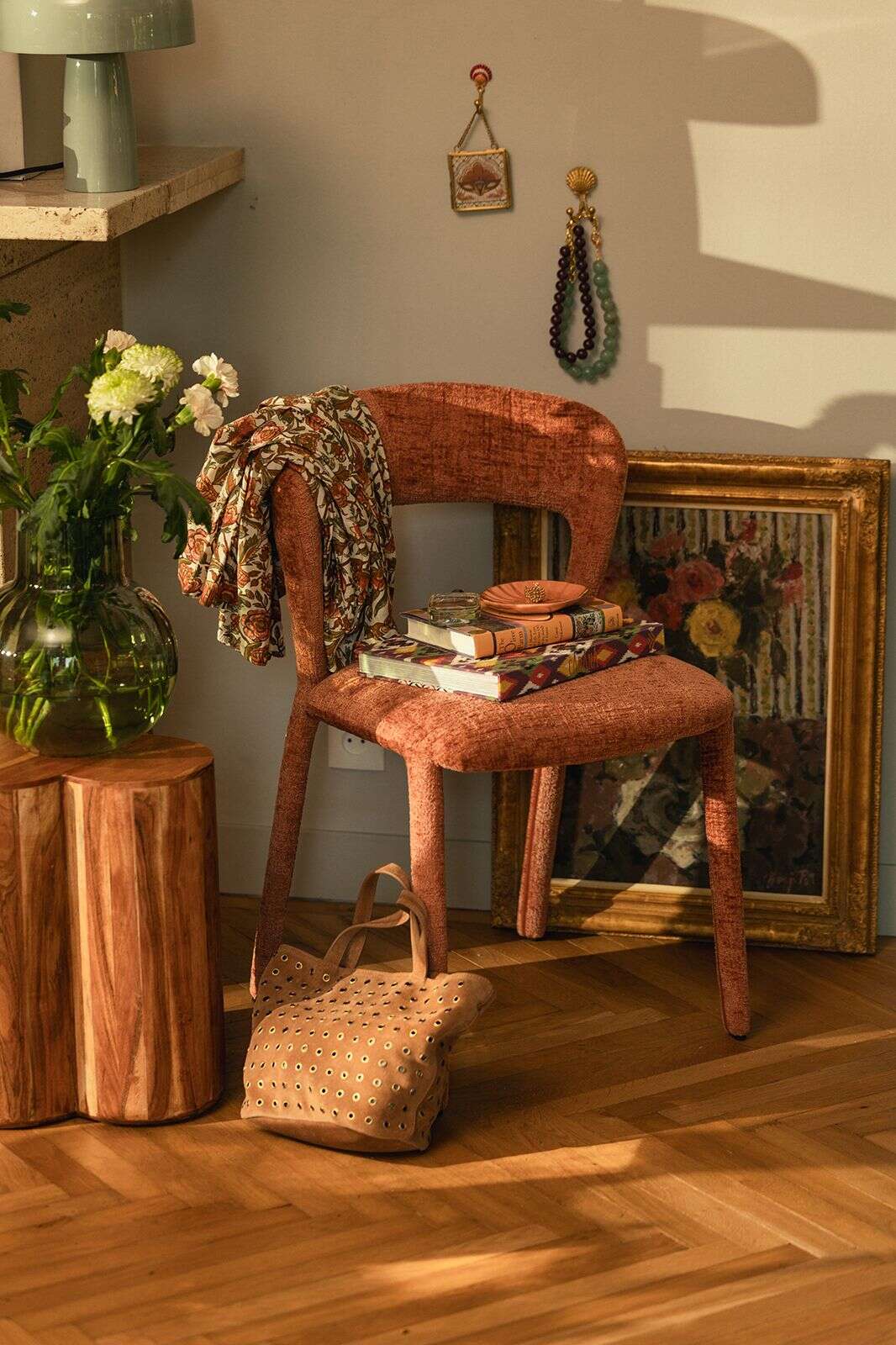 Lichtroze chenille eetkamerstoelen