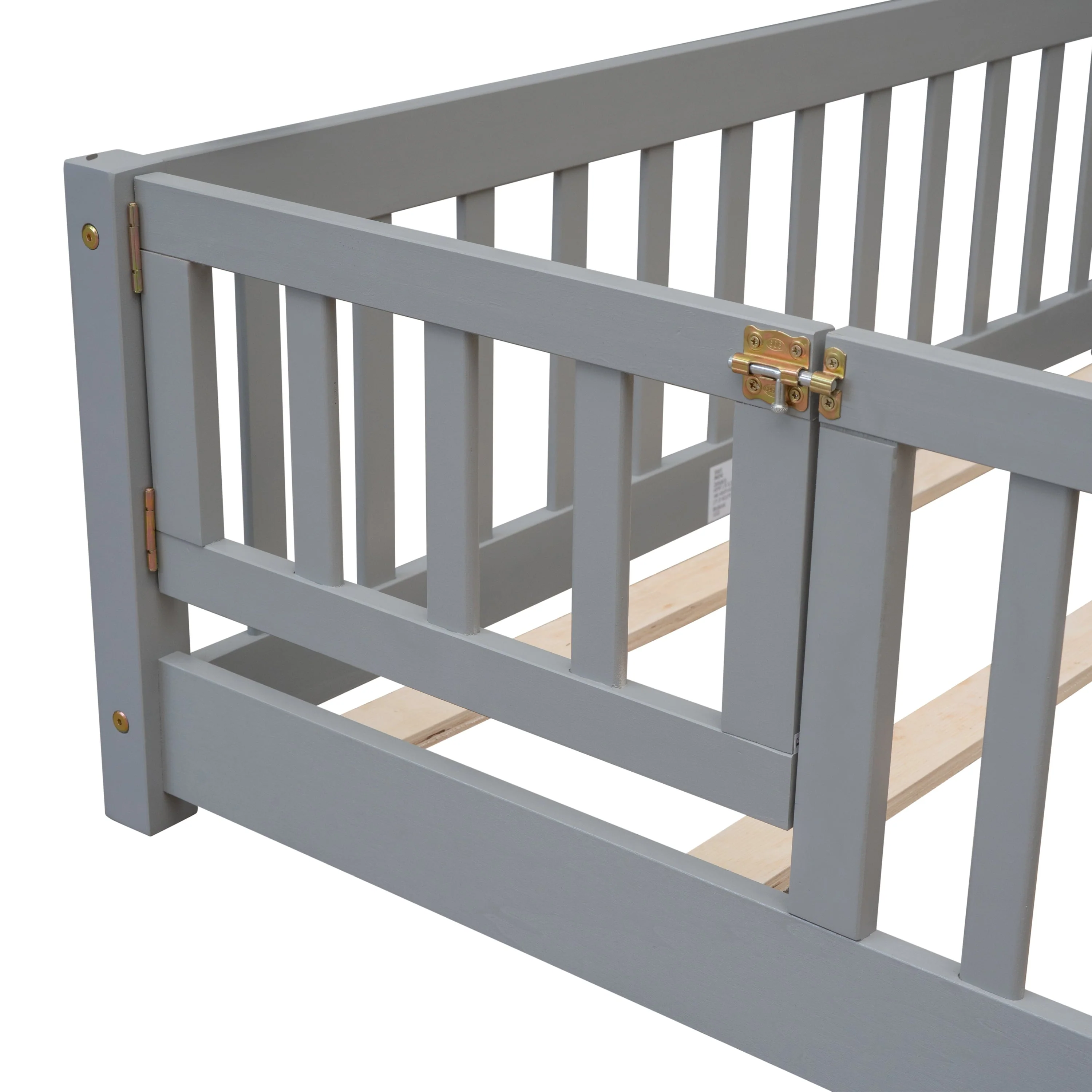 Full Size Wood Floor Bed Frame with Fence and Door for Kids, Toddlers, Gray(Twin/Gray) - Image 9