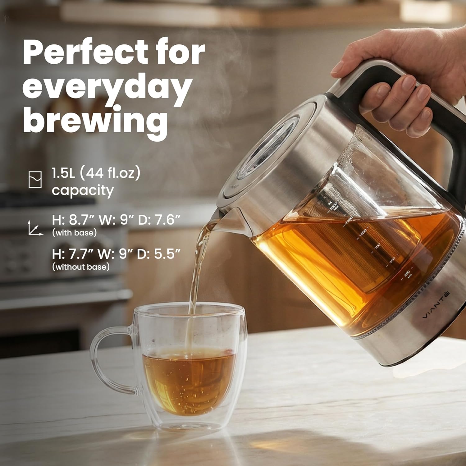 Viante Alba Electric Tea Kettle With Infuser, No Plastic, 1.5L