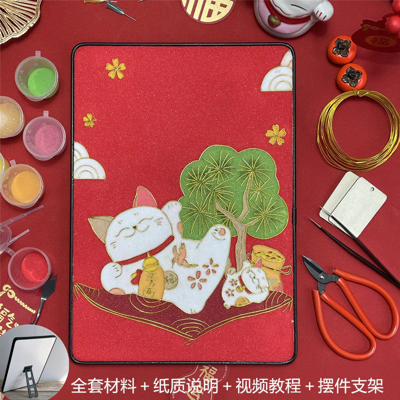 Fortune Cats,Beginner Cloisonné Enamel DIY Kit, with Tutorial& All Tools