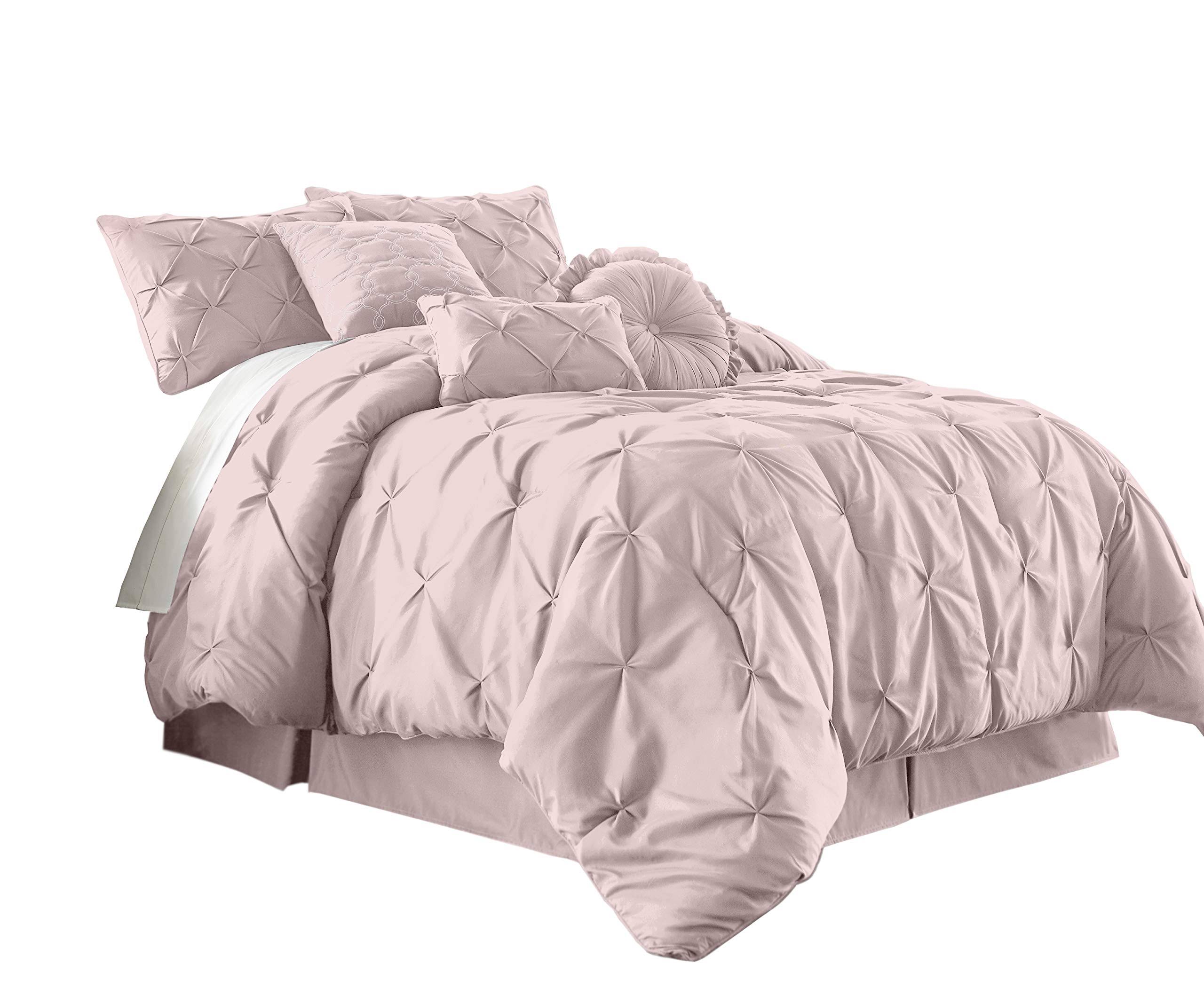 Chezmoi Collection Sydney 7-Piece Pintuck Bedding Comforter Set (California King, Soft Pink)