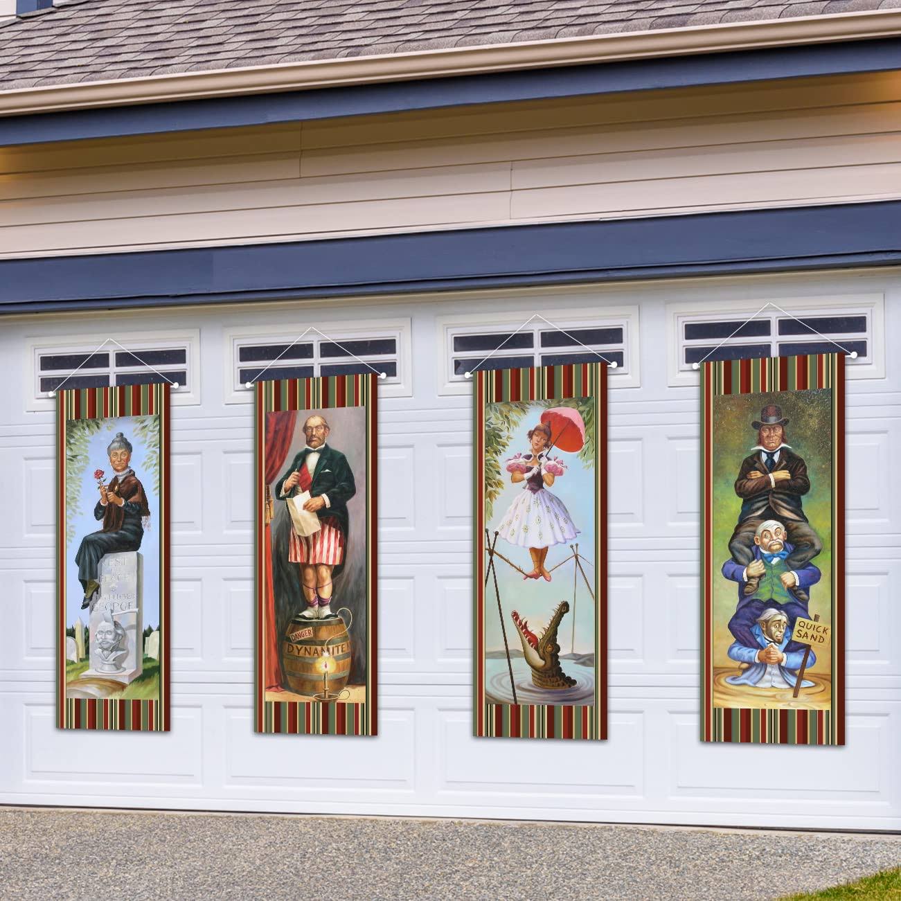 Large Set of 4 Haunted Mansion Stretching portraits Outdoor Vinyl Halloween Decoration, Haunted Mansion Backdrop Halloween Vintage Horror Poster for