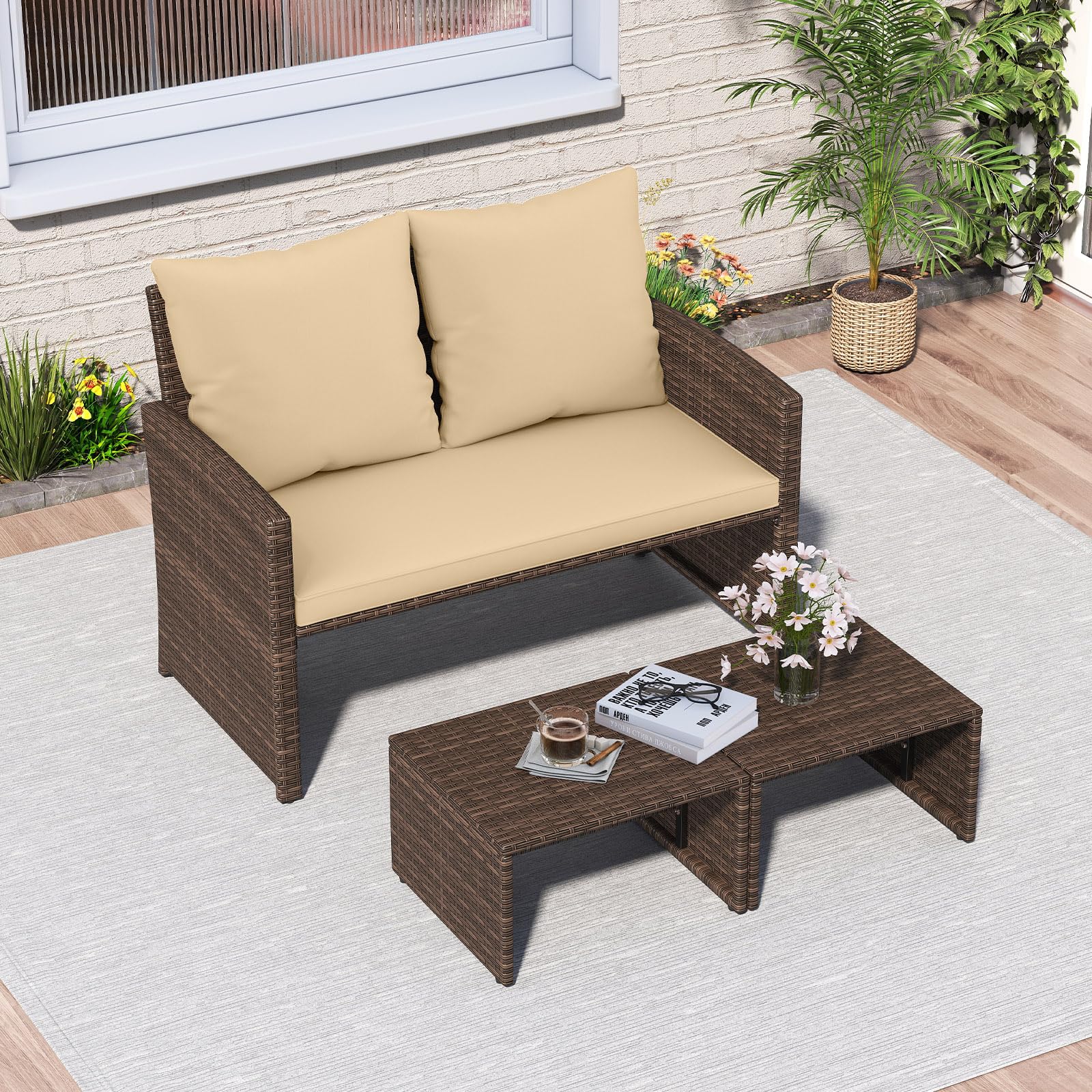 Tangkula 3 Pieces Patio PE Wicker Furniture Set with Cushions