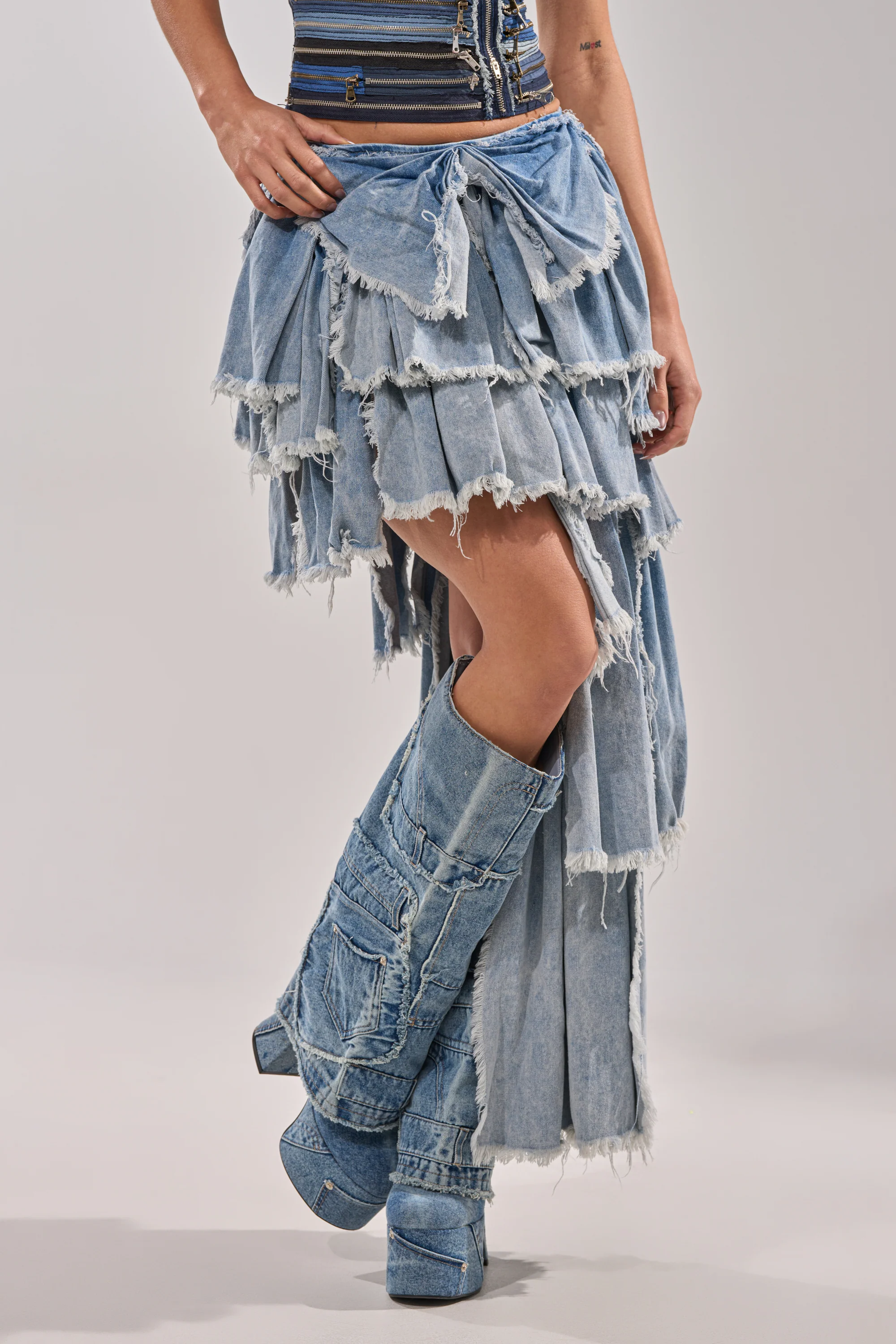 DISTRESSED TIERED ASYMMETRIC MIDI SKIRT - Akira Store