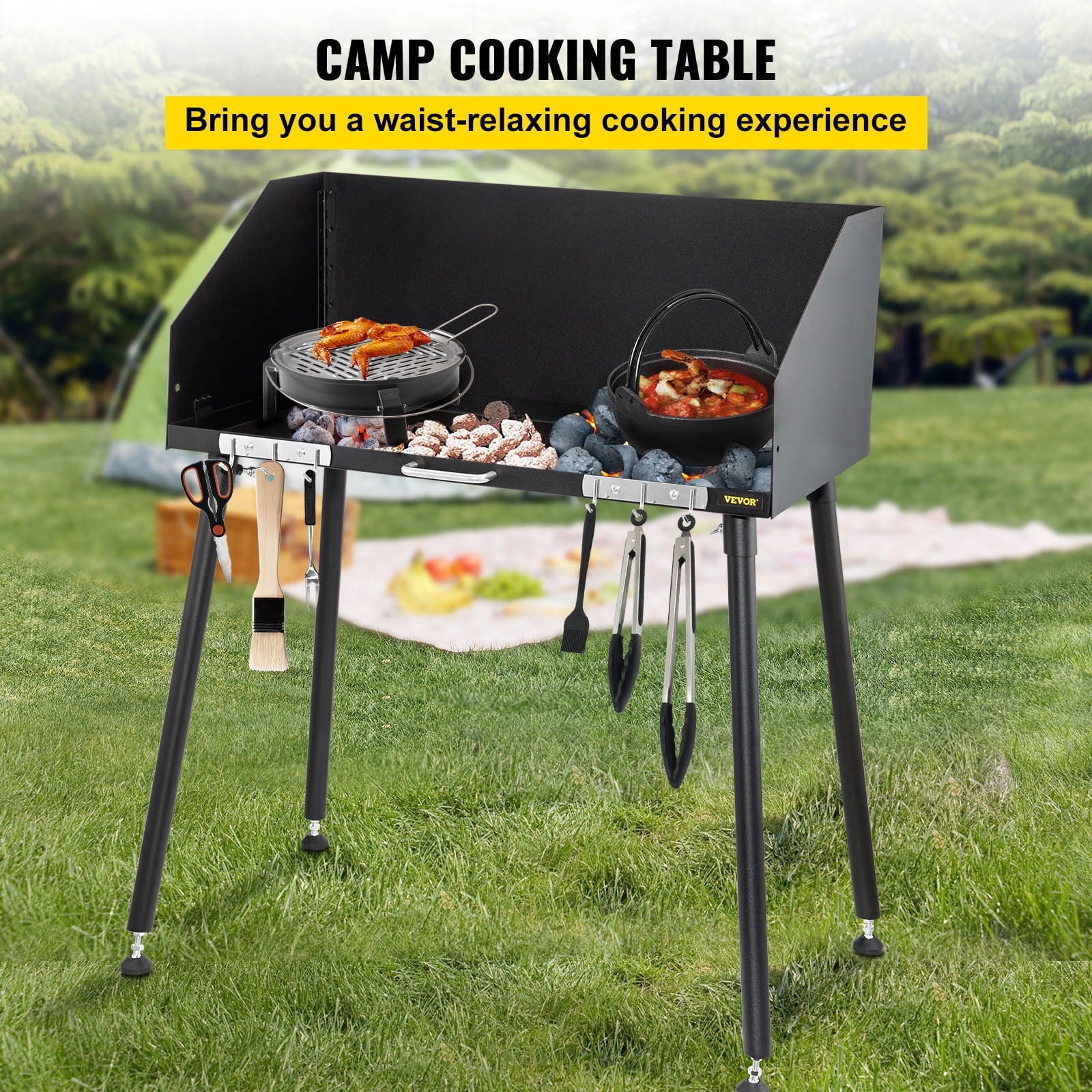 Carbon Steel Camp Cooking Table 38 x 16 inch with Three-Sided Windscreen and Legs for Outdoor Food Preparation and Dutch Oven