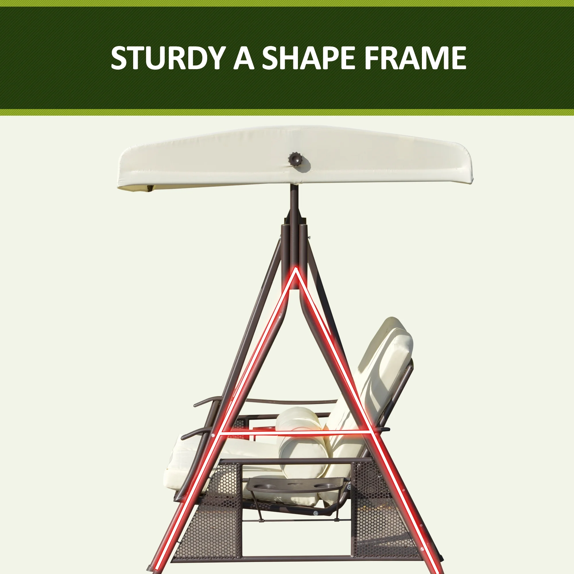 2-Person Patio Swing Bench with Adjustable Shade Canopy, Soft Cushions, Throw Pillows and Tray, Beige.(Beige) - Image 9