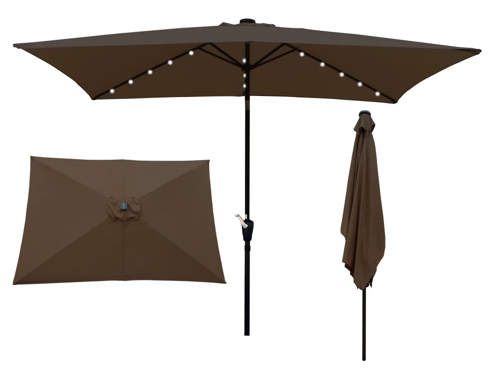 10 x 6.5t Patio Umbrella,Rectangular Picnic Table Umbrella,6-8 Chairs Tilt Umbrella with 26 LED Lights,Waterproof Umbrella Sunshade with Crank and Push Button Tilt for Garden Backyard Pool,Mushroom