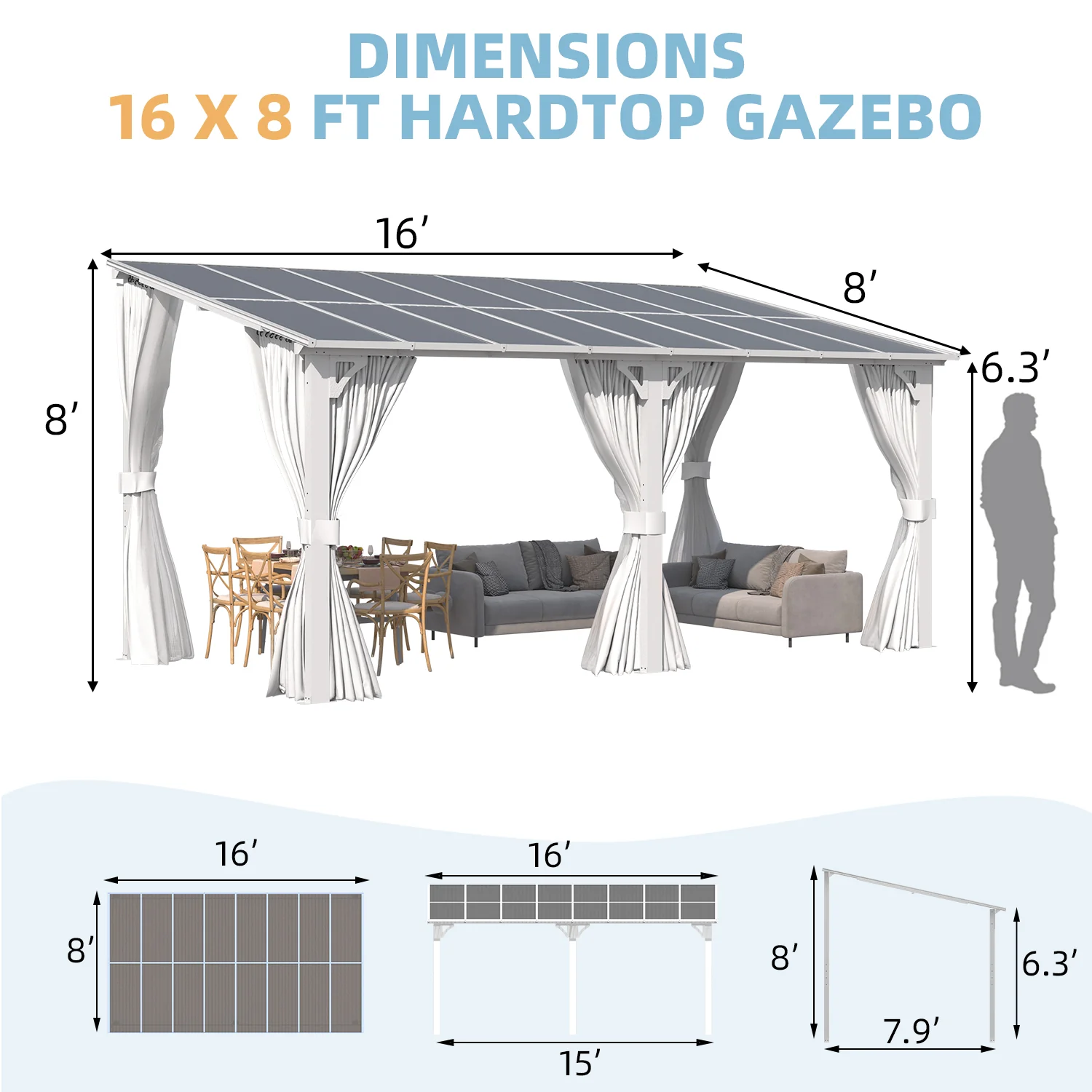 AECOJOY 16'x8' Wall Gazebo with Curtains and Mosquito Netting, White