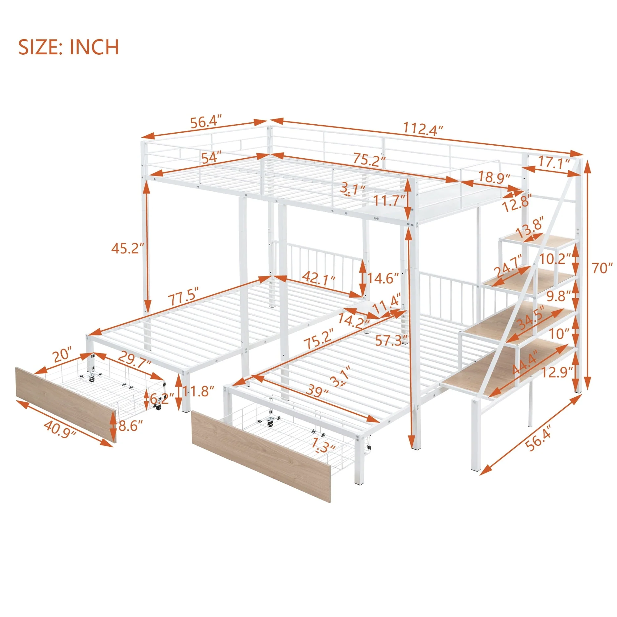 Bellemave Triple Bunk Bed with Stairs, Metal Full over Twin Twin Bunk Bed with Storage Drawers, Heavy Duty Bunk Bed for 3 Kids, Teens, Boys Girls (White) Image 5