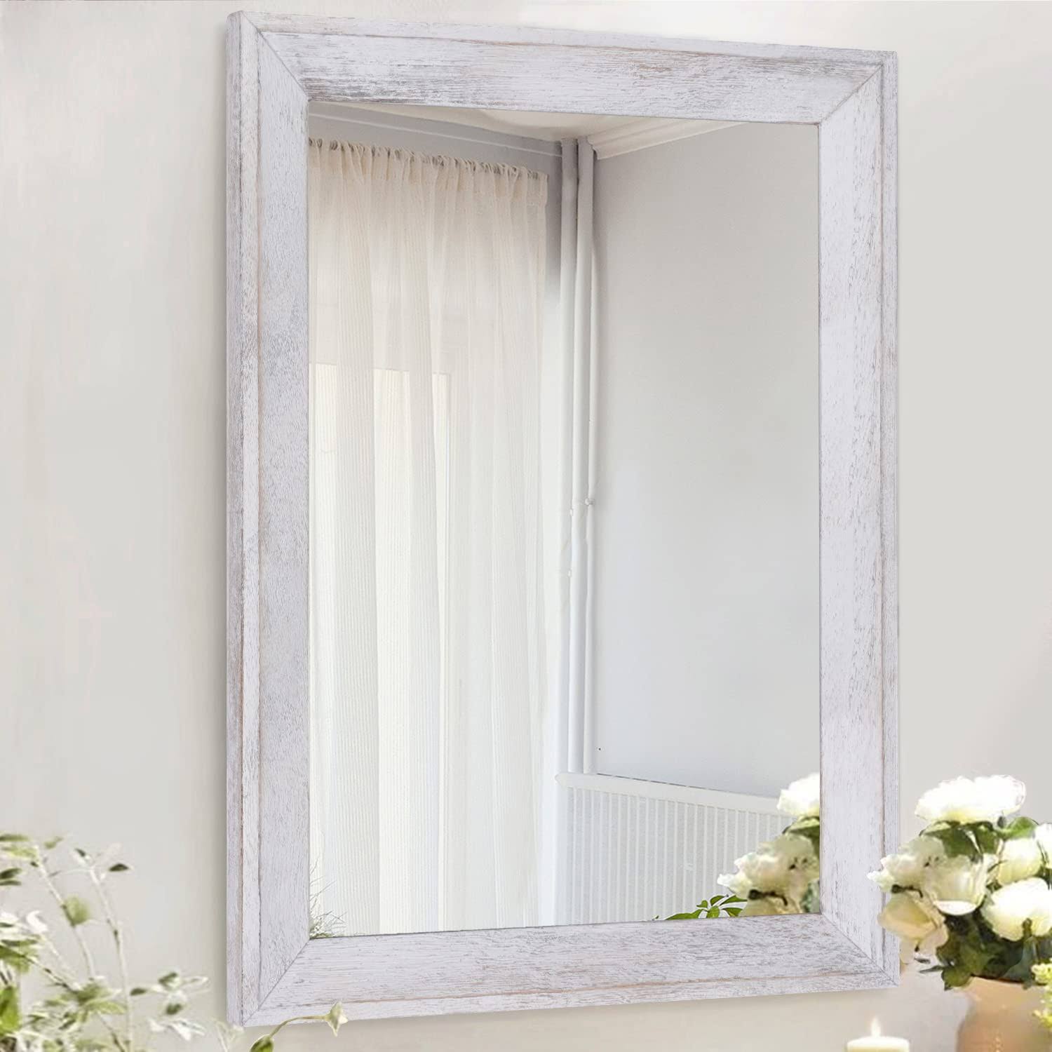 AAZZKANG Mirrors for Wall Rustic Wood Framed Mirror Decorative Farmhouse Bedroom Bathroom Hanging Mirror Wall Decor Rectangle White