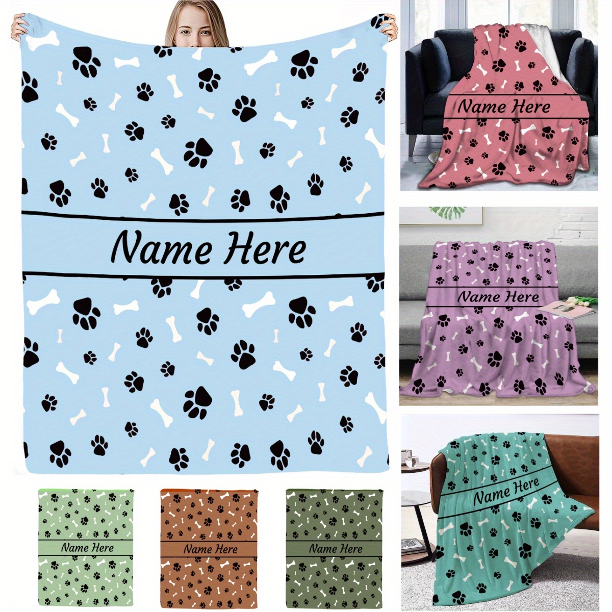 Customized name blanket, custom flannel blanket with paw prints, comfortable and warm blanket, commemorative blanket, suitable for special moments, perfect gift for birthdays and Christmas, ideal for the home - wanlinfang