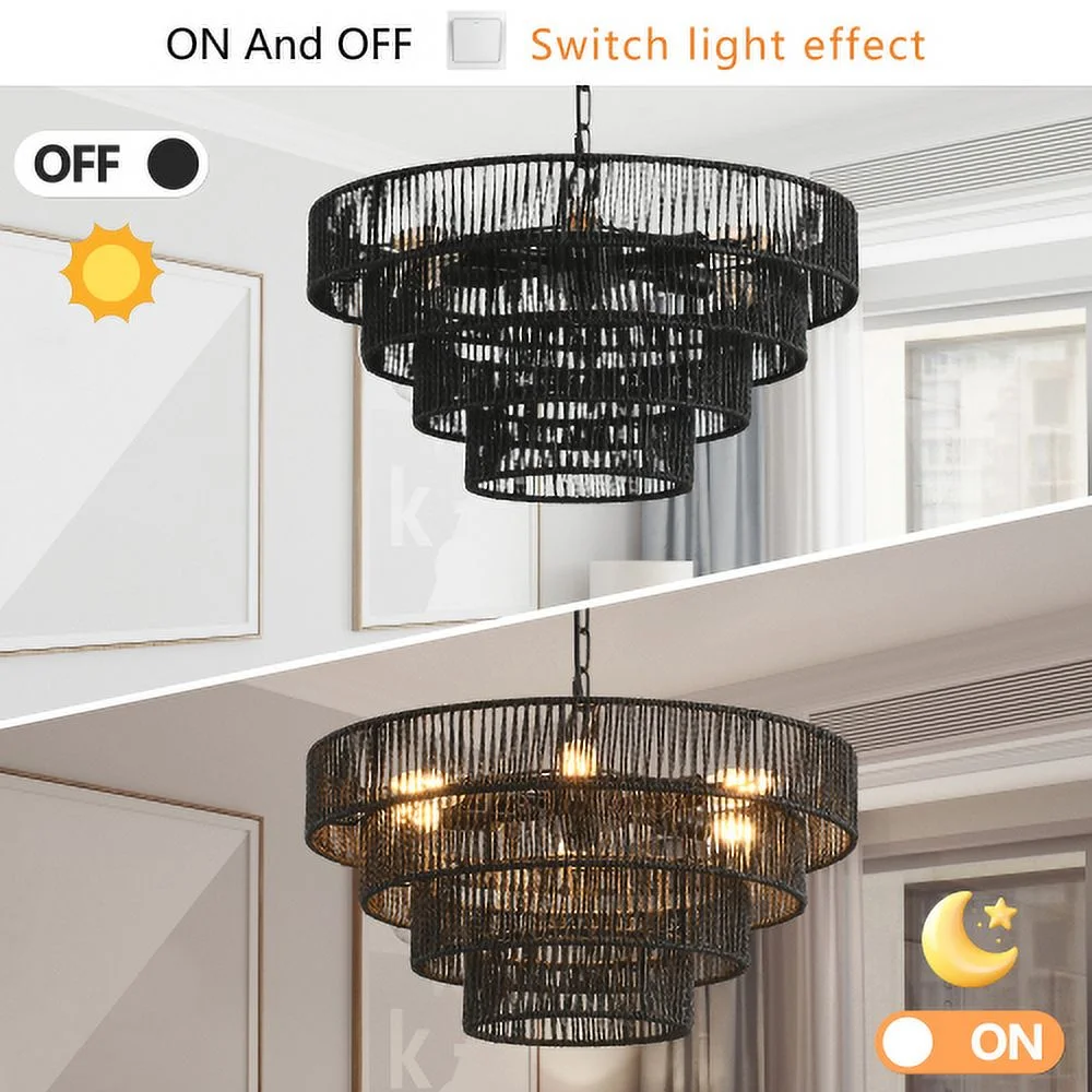 ACE-LIGHTS,Rustic 4-Tier Height Adjustable Hemp Rope Chandelier(Bulb Not Included),Pendant Light,Handmade Tiered Boho Ceiling Light Fixture for Living,Dining Room,Kitchen,Foyer(Black��