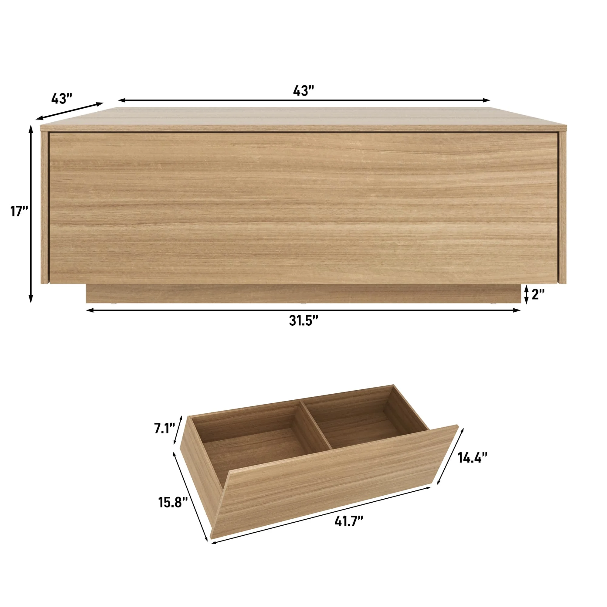 Square Coffee Table with 2 Large Drawers, 43" Mid Century Modern Coffee Table with Storage, Wood Cocktail Table Center Table with Storage for Living Room, Wood Grain(43"/Light Brown) - Image 6