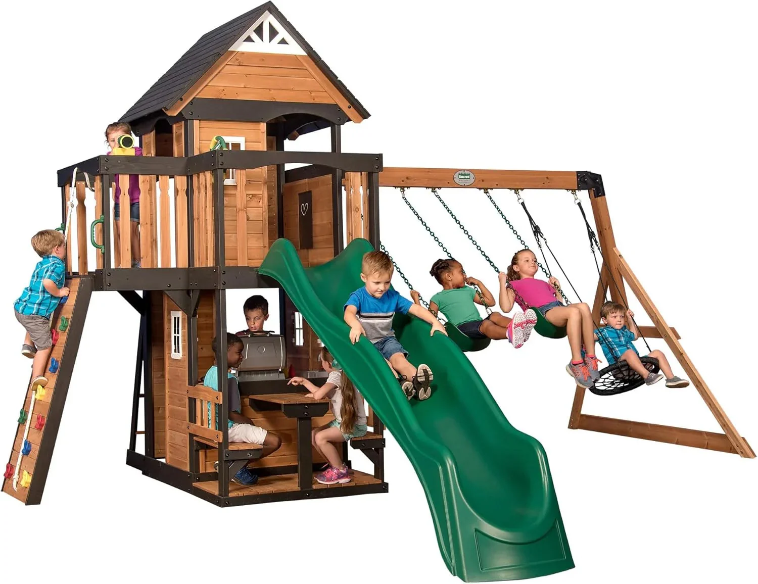 Canyon Creek Cedar Wood Swing Set with Wave Slide, Clubhouse, Play Kitchen, Picnic Area, Belt Swings, Web Swing, Rock Wall, Balconies,…
