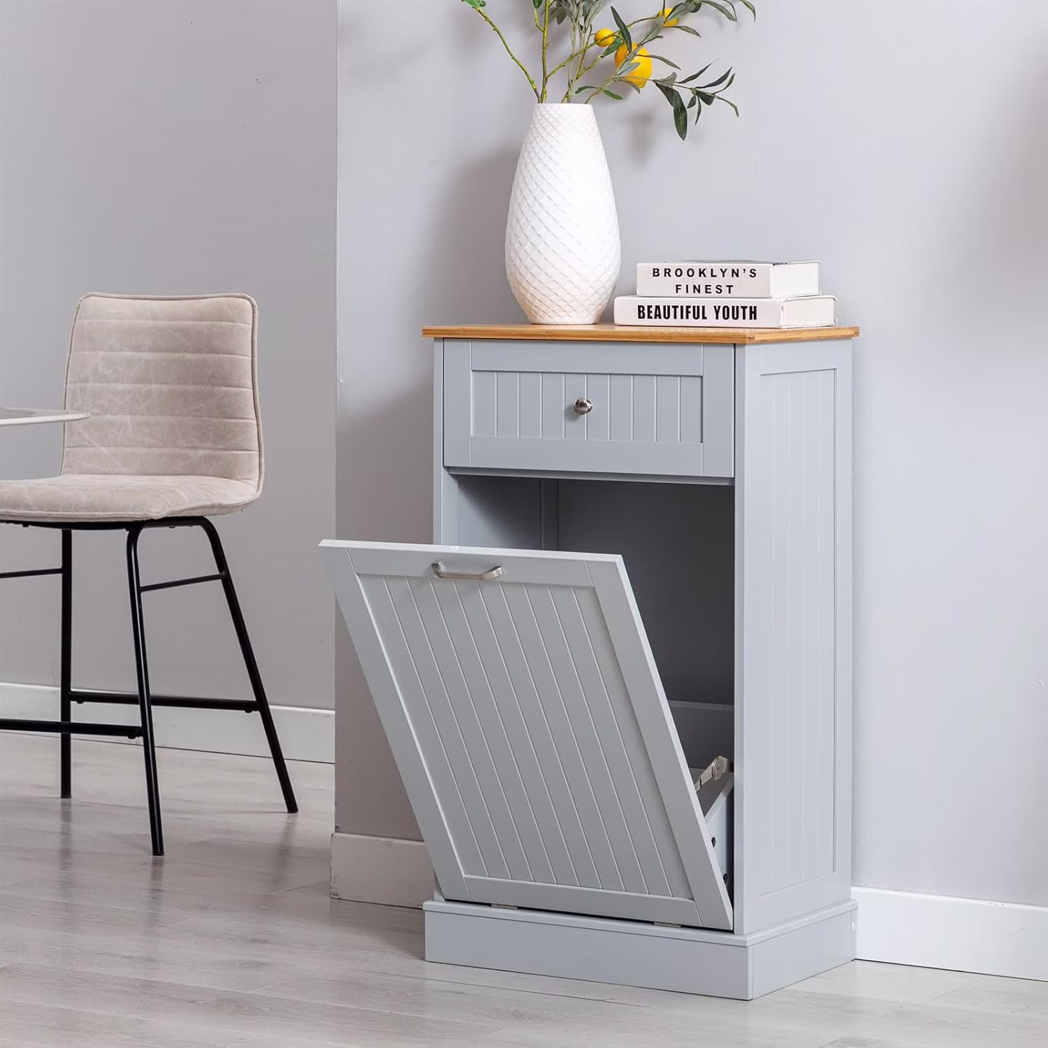 Hlivelood Double Trash Cabinet Tilt Out 20 Gallon, Pet Proof Kitchen Trash Cabinet Laundry Hamper with Cutting Board, Wood Garbage Recycling Station Hideaway Trash Holder Drawers