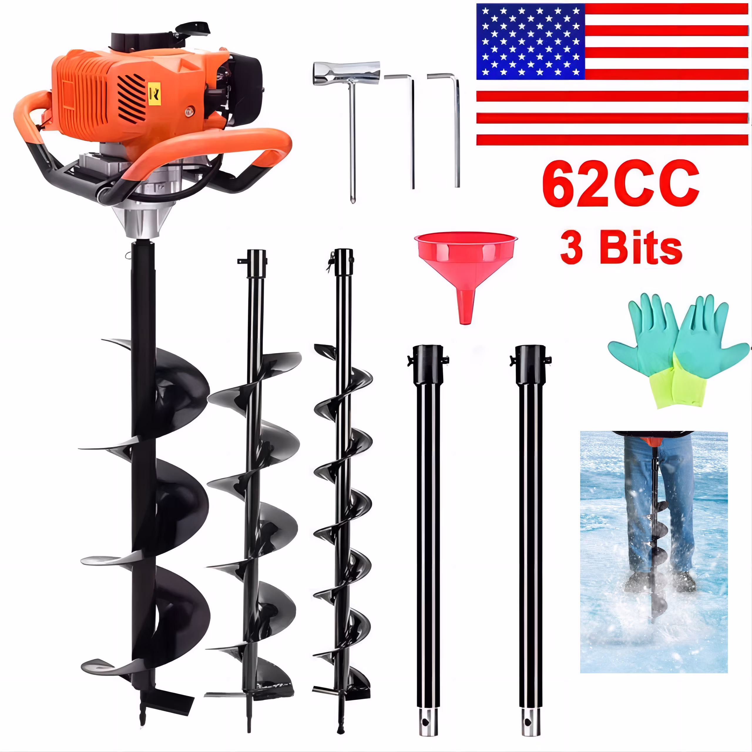 Jacgood 62cc Post Hole Digger 2 Stroke Petrol Gas Powered Earth Digger with 3 Auger Drill Bits (3 5 & 8) + 3 Extension Rods for Farm Garden Plant