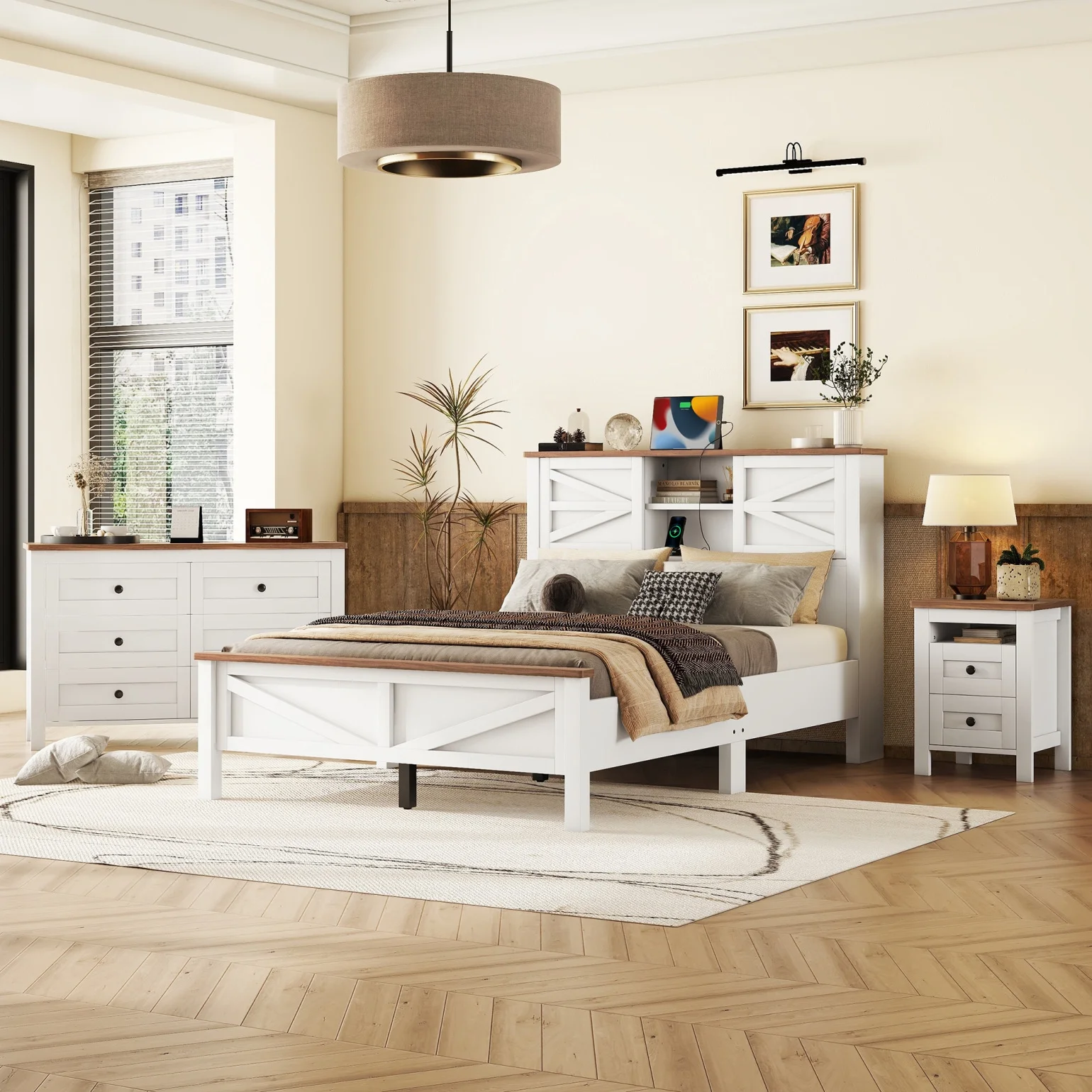 3 - Pieces Bedroom Sets, Full Size Platform Bed with Charging Station and Double Sliding Door Headboard, Storage Nightstand and Dresser, White