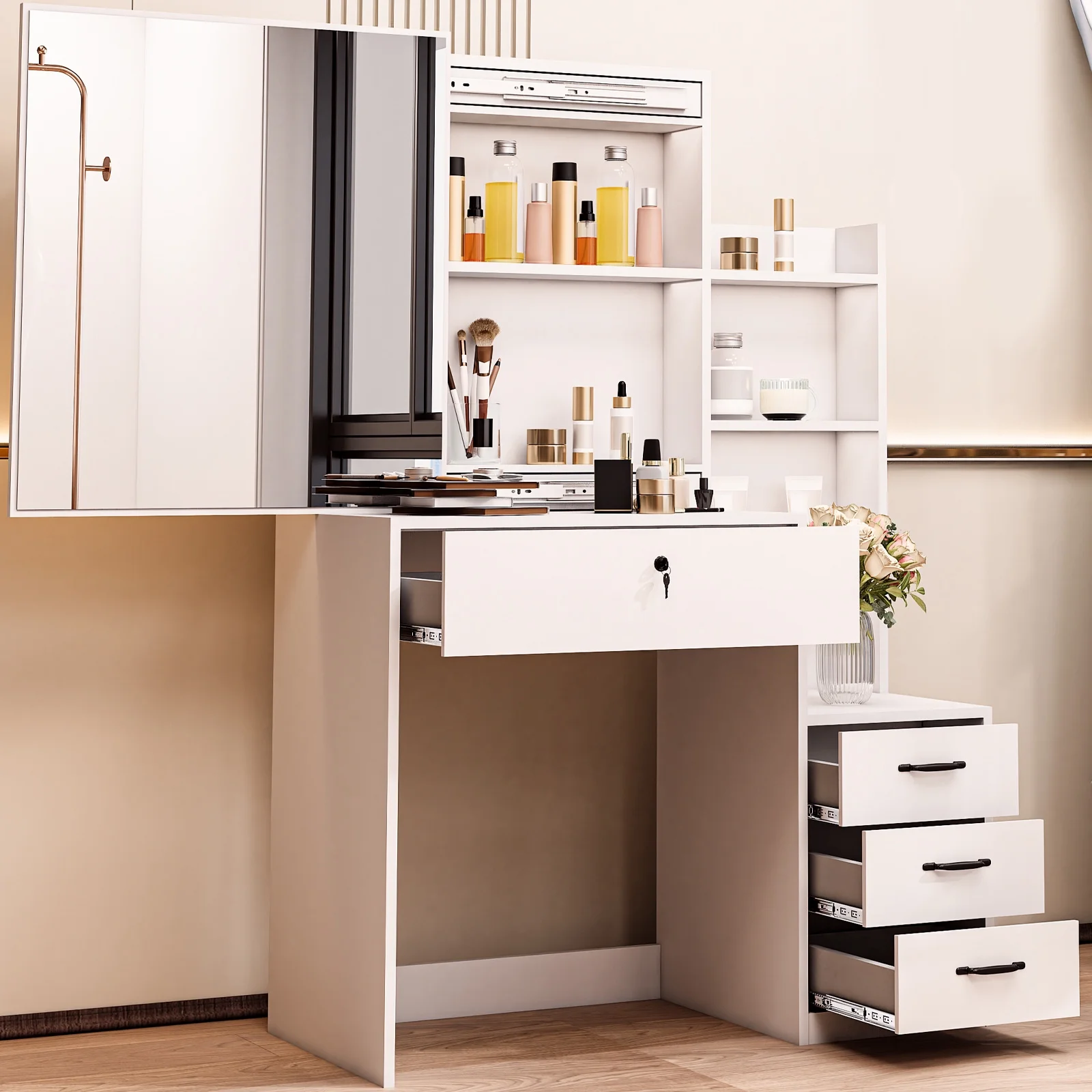 Vanity Table Stylish Aesthetic Durable with Sliding Mirror White(White-4) - Image 9