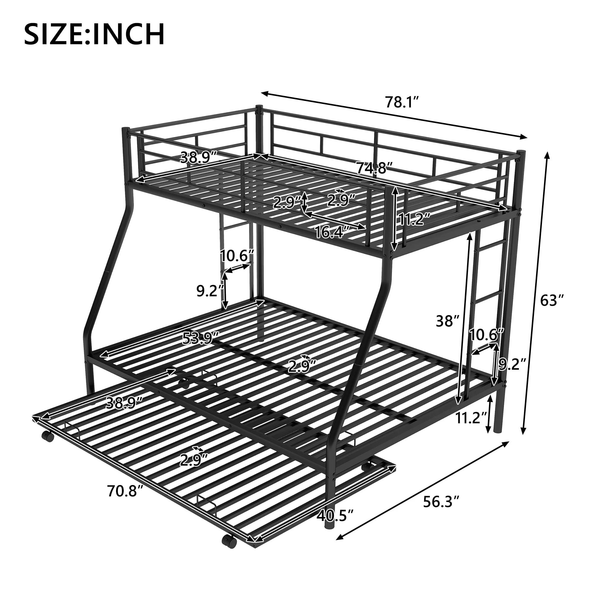 Twin Over Full Bunk Beds with Trundle Bed,Heavy Duty Metal Bed Frame with Sturdy Steel Frame,Triple Bunk Bed with Safety Guard Rails and Two Side Ladders for Boys Girls Adults,Black Image 5