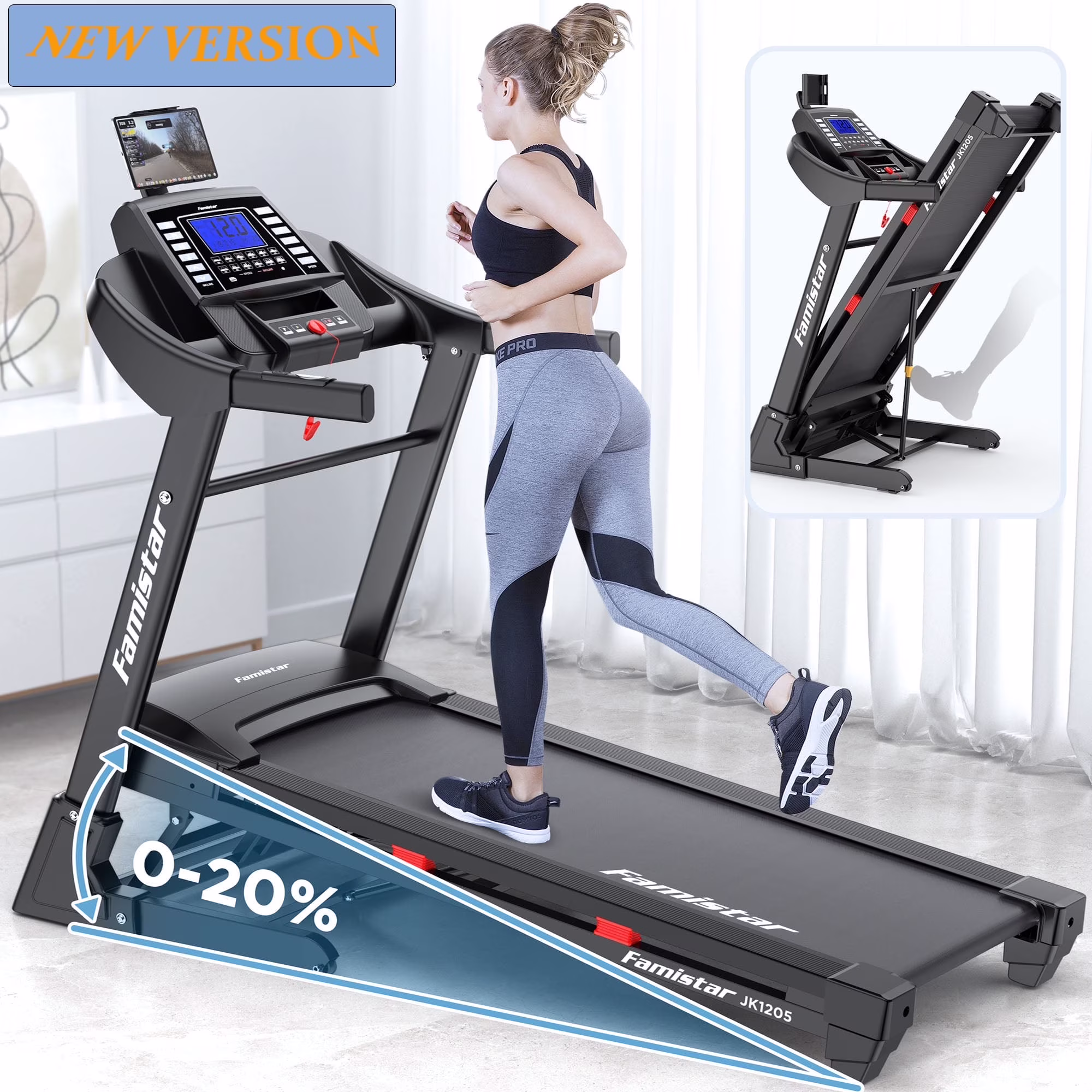 JK1205 Treadmills Clearance 300lbs with 20 Levels Auto Incline, 12MPH Fast Speed Controls, Portable Treadmill Running Walking Machine, 4.0HP, Knee Strap Gift