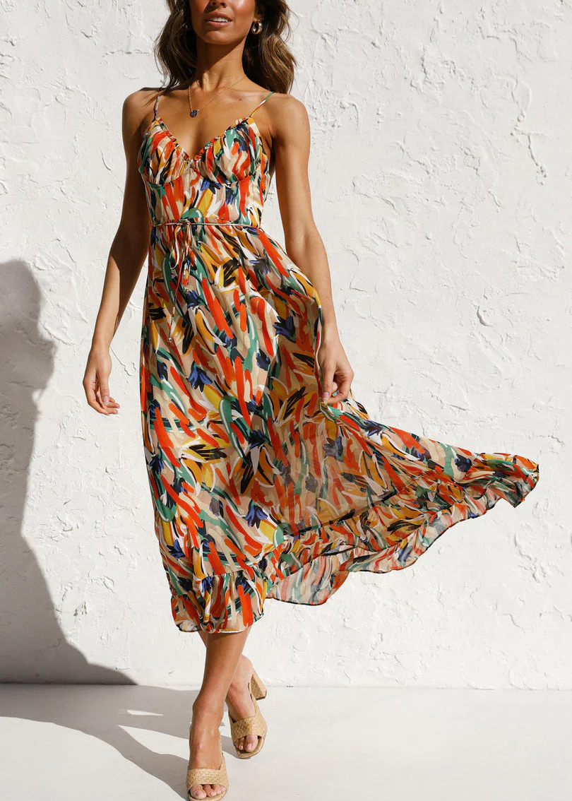 Sophie Paris | Robe sans manches à bretelles spaghetti en coton orange à volants