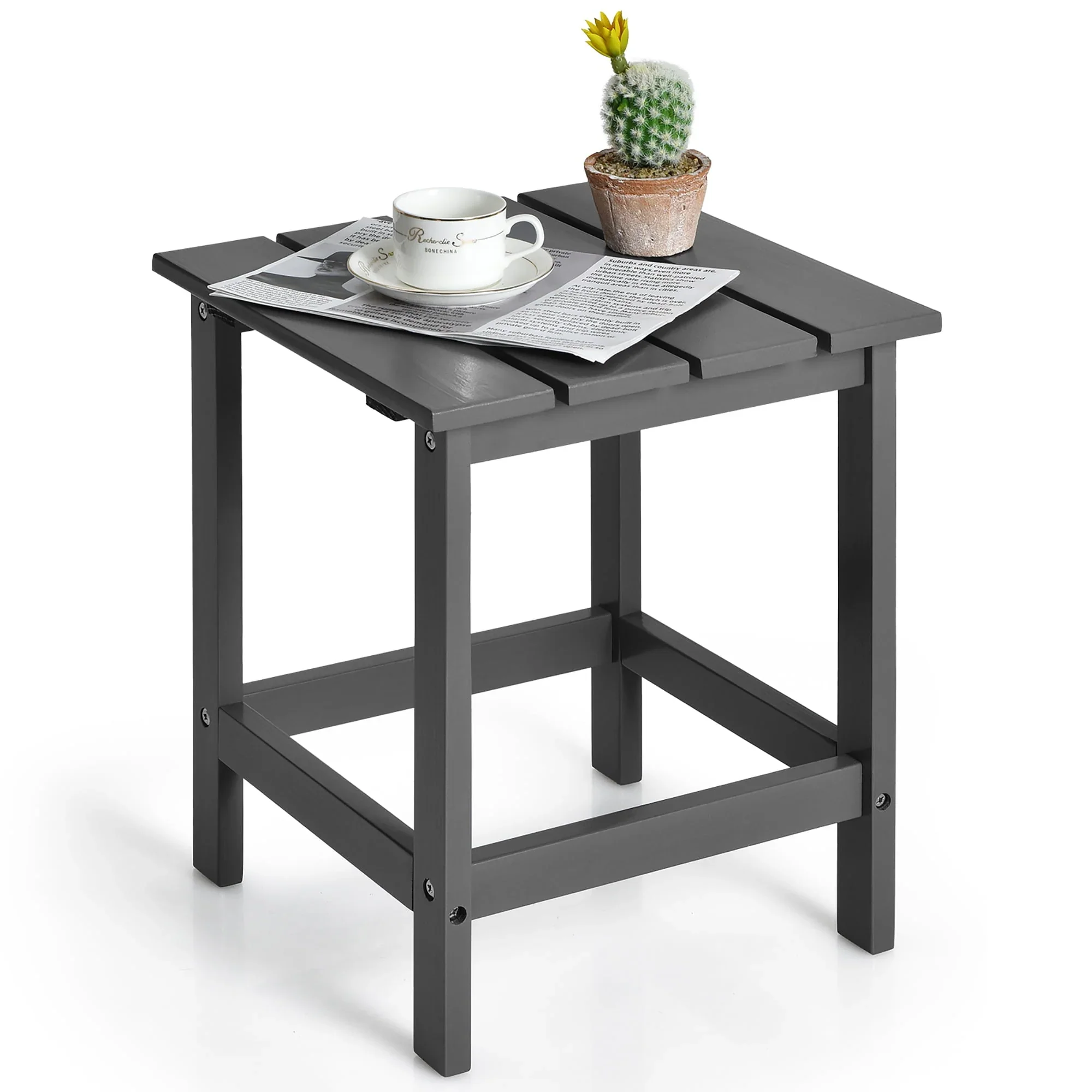 Costway Patio 15 End Side Coffee Table Square Wooden Slat Garden Deck Gray