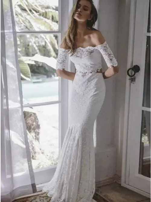 Two Piece Mermaid Off-the-Shoulder Lace Wedding Dress with Sleeves DMR22