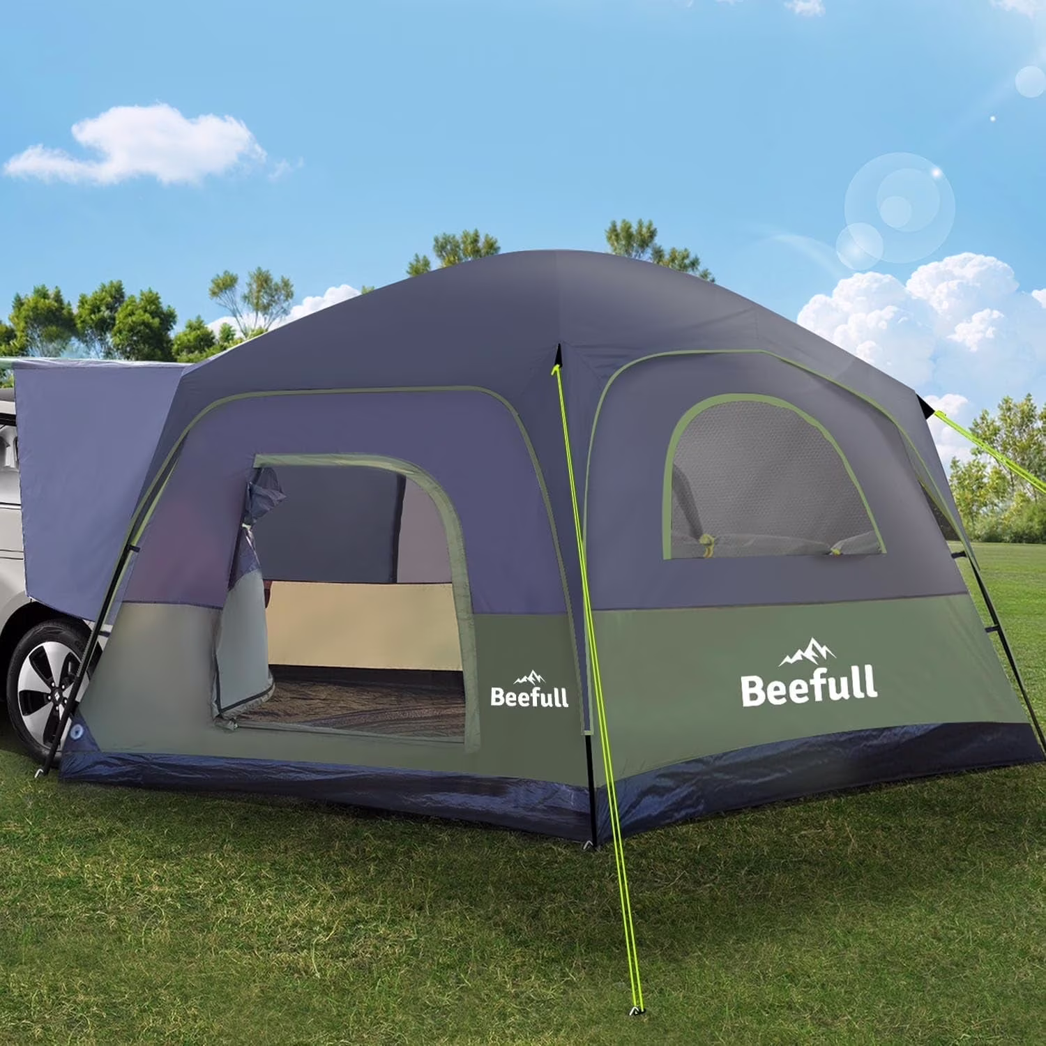 SUV Camping Tent for 6 - 8 Person with Rainfly, Car Camping Tent with Waterproof, Double Layer Design with Storage Bag, Green & Gray