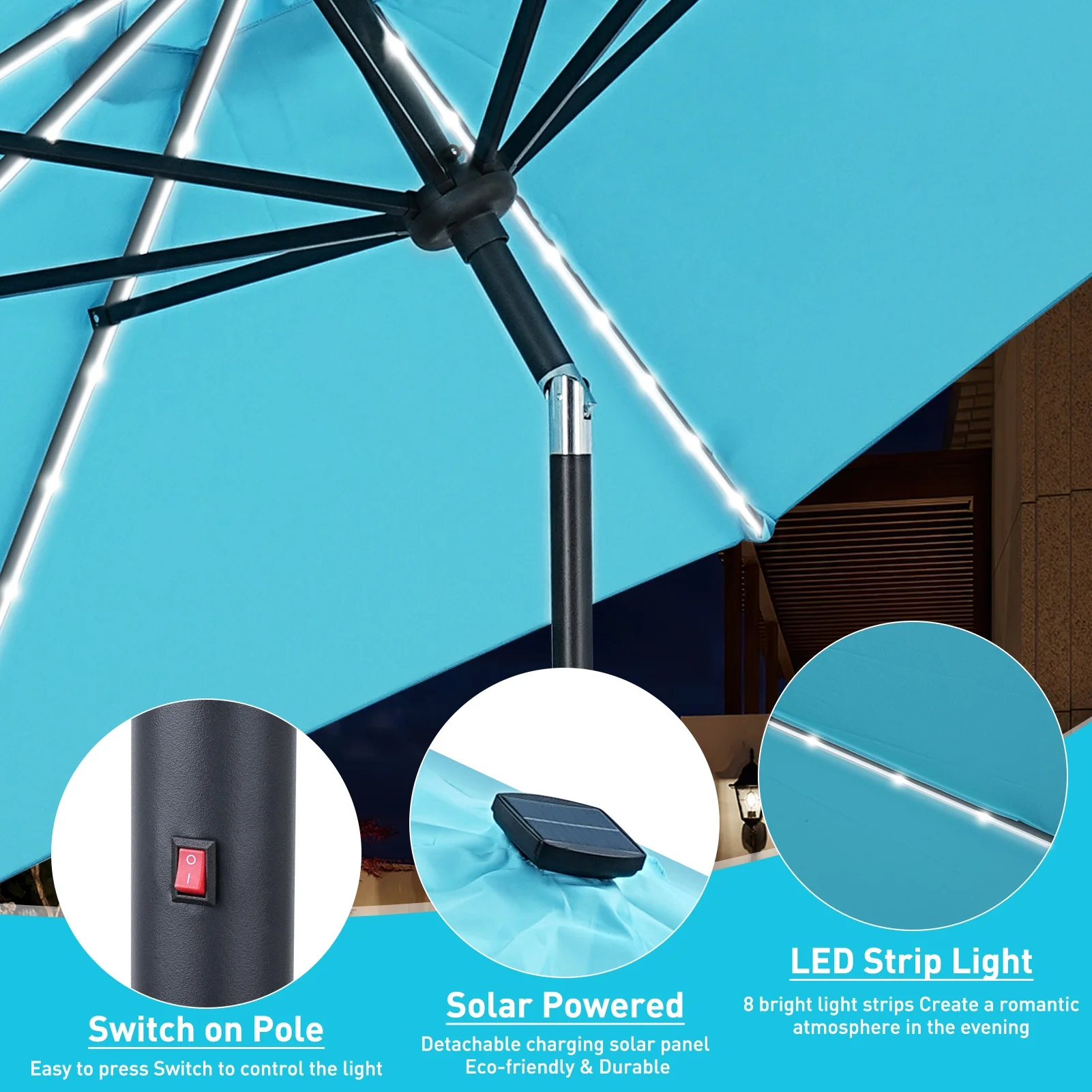 10 FT Solar LED Lighted Patio Umbrella with LED Table Umbrella with 8 LED Strip Lights, Fade-resistant Waterproof for Garden, Backyard, Poolside, Push Button Tilt (Blue)(Blue) - Image 9