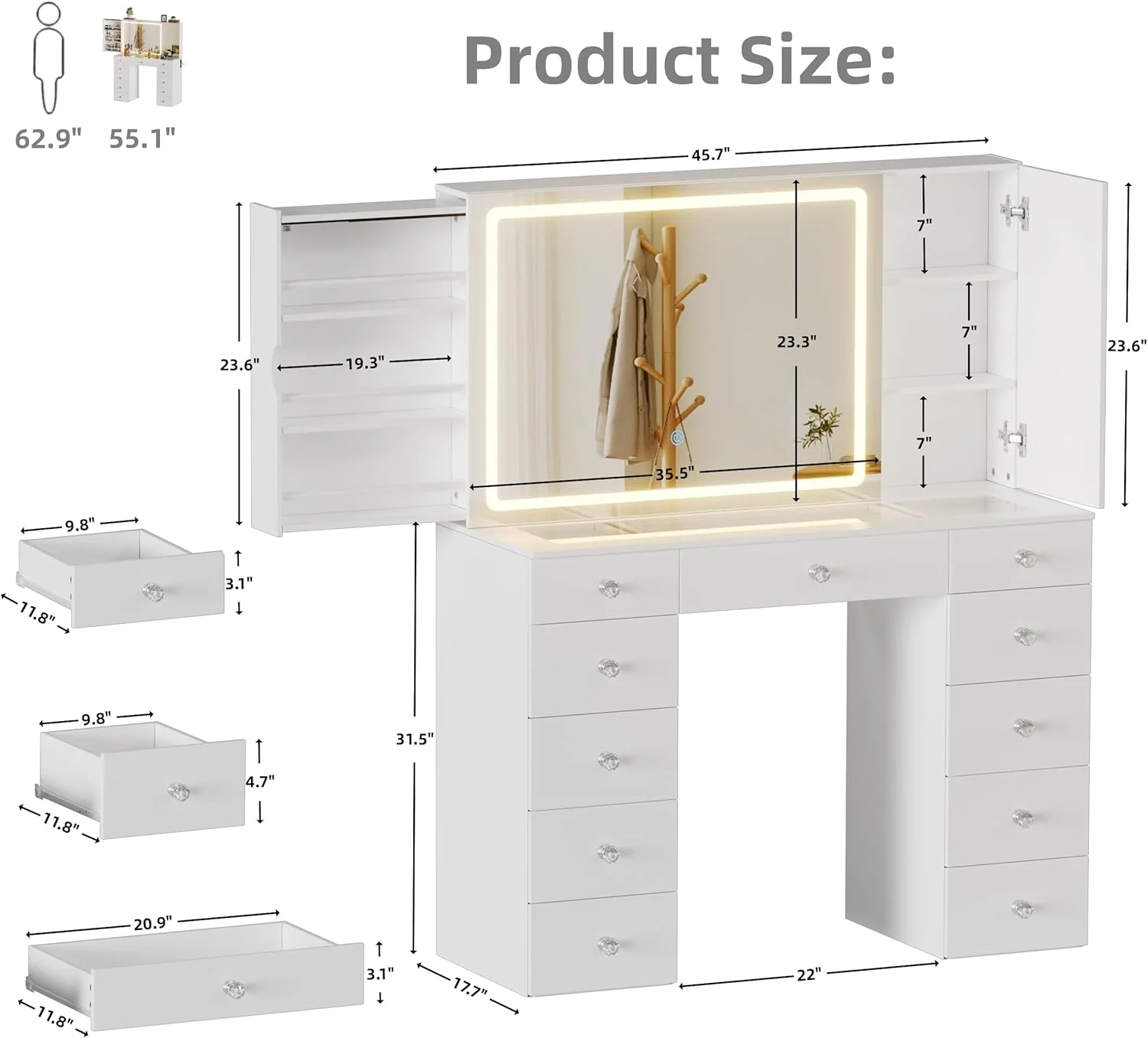 Vanity Set with Lighted Mirror, Large Vanity Desk with Charging Station, Makeup Vanity Table with 11 Drawers Hidden Sliding Storage Cabinet Visible Glass Tabletop for Bedroom (White)(Pink) - Image 9
