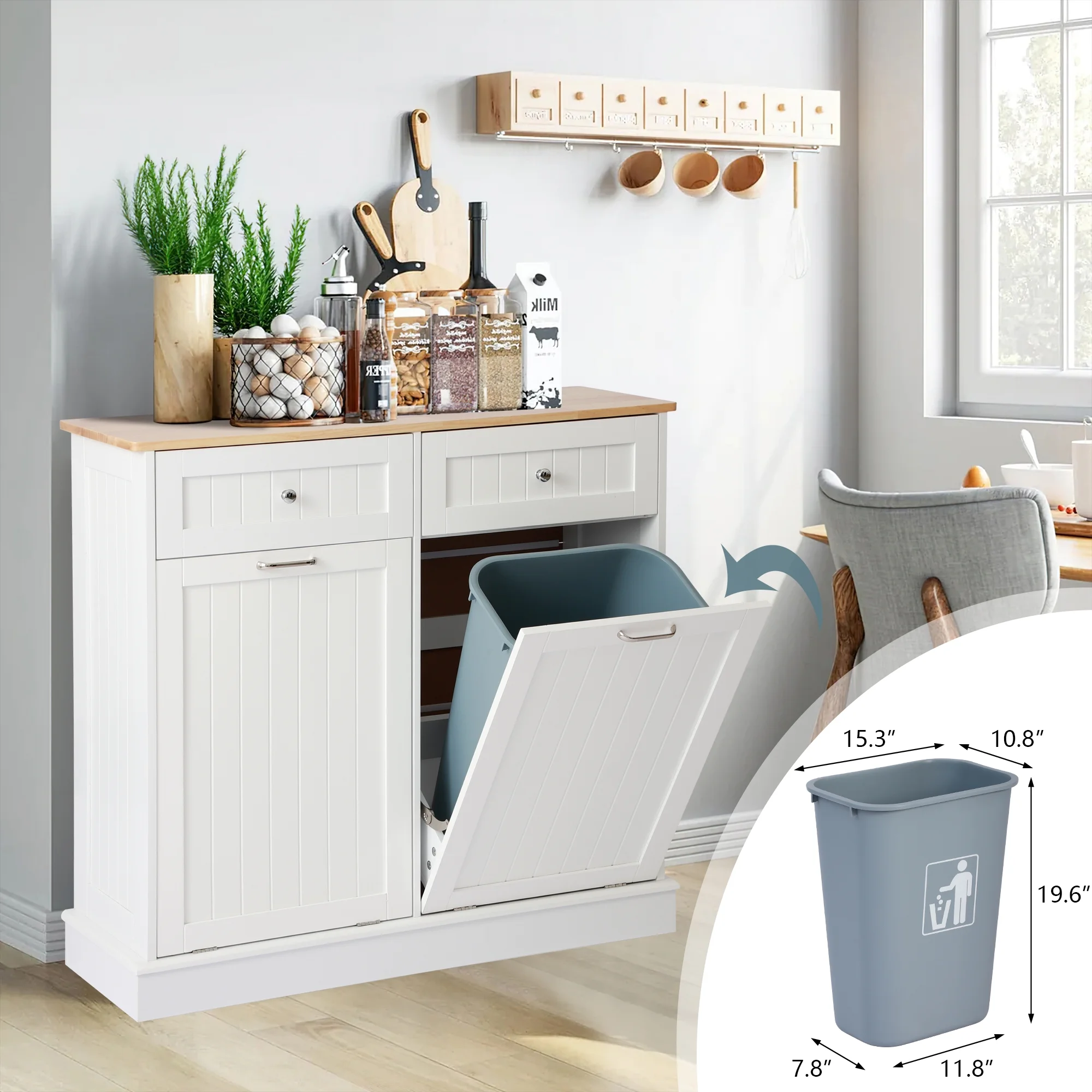 KIGOTY Dual Kitchen Trash Cabinet, Double Tilt Out Trash Can Cabinet with Countertop and Drawer, Free - Standing Pet Proof Recycling Cabinet Garbage Can Holder, Wood (White)