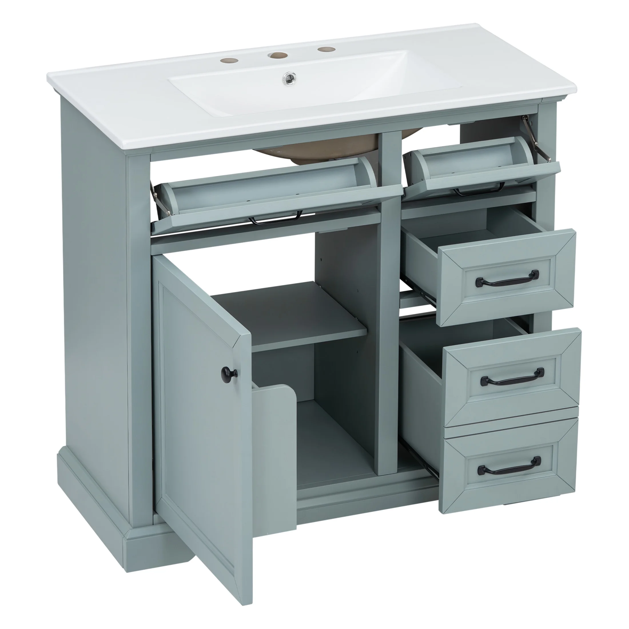 36" Bathroom Vanity with Sink, Tip-out Drawers, Soft-Close Doors, Grey(Grey) - Image 10