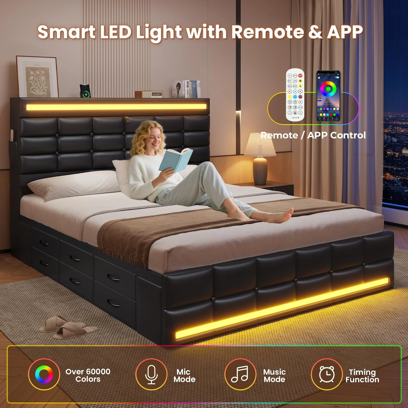 Queen Size Bed Frame with LED Lights Headboard and 12 Storage Drawers,Bookcase,Upholstered Platform Bed Queen with Charging Station, No Box Spring Needed, Type-C and USB,Noise-Free, Black(Queen/Black) - Image 3